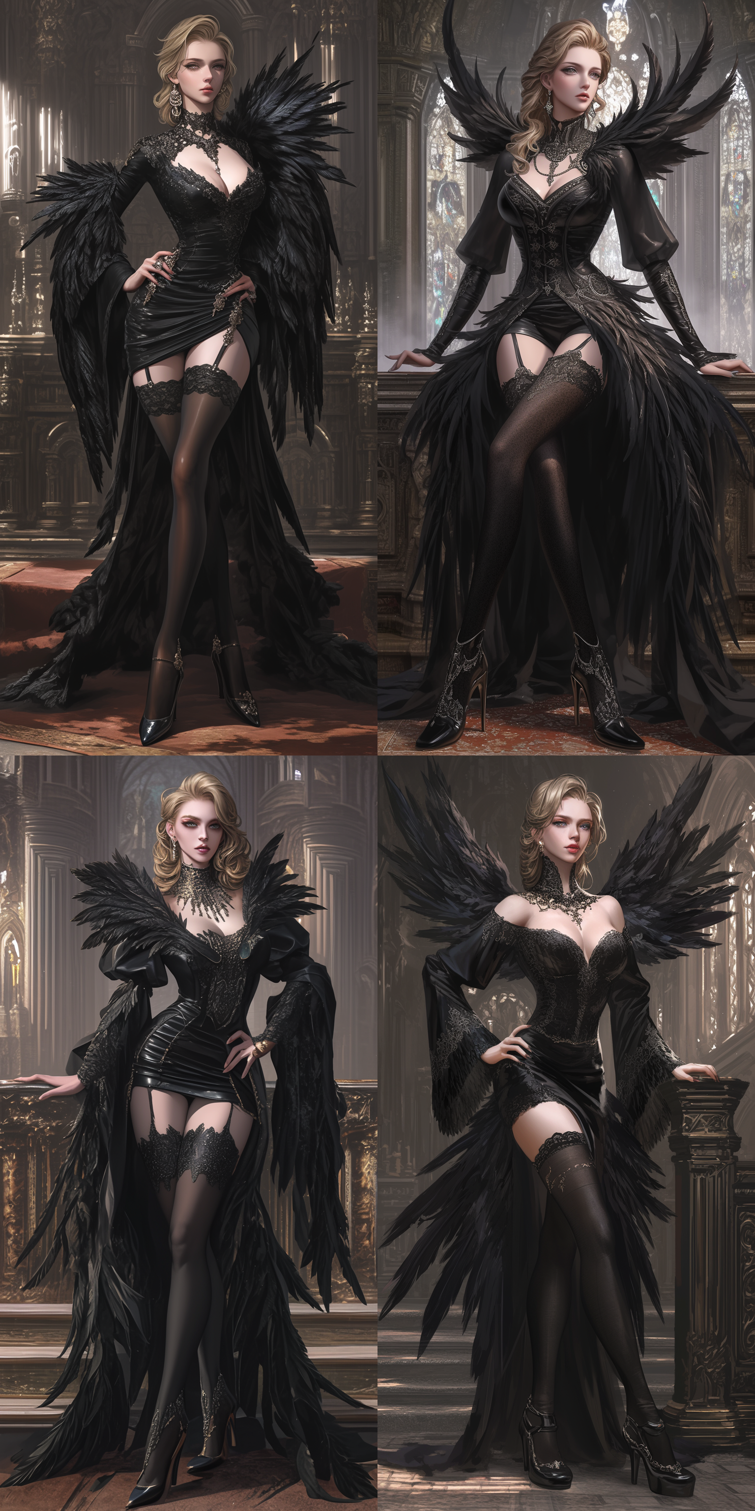 修女，浅金色头发，黑色羽毛翅膀，黑色丝袜，高跟鞋，哥特教堂内，奇幻，全身，真实比例，6k 虚幻引擎 三维 oc渲染器