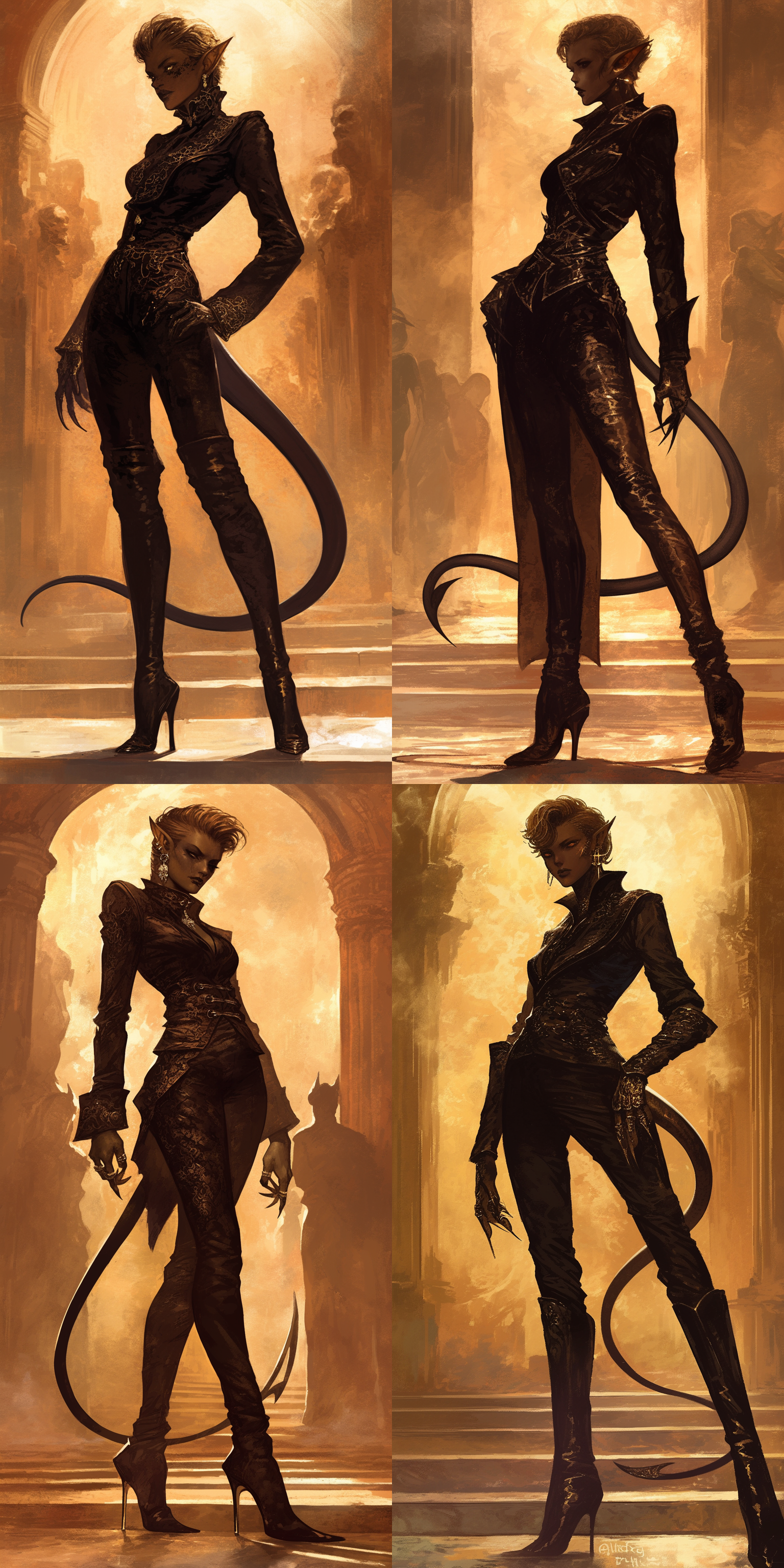 tiefling，修女服，浅金色头发，黑色丝袜，高跟鞋，哥特教堂内，奇幻，全身，真实比例
