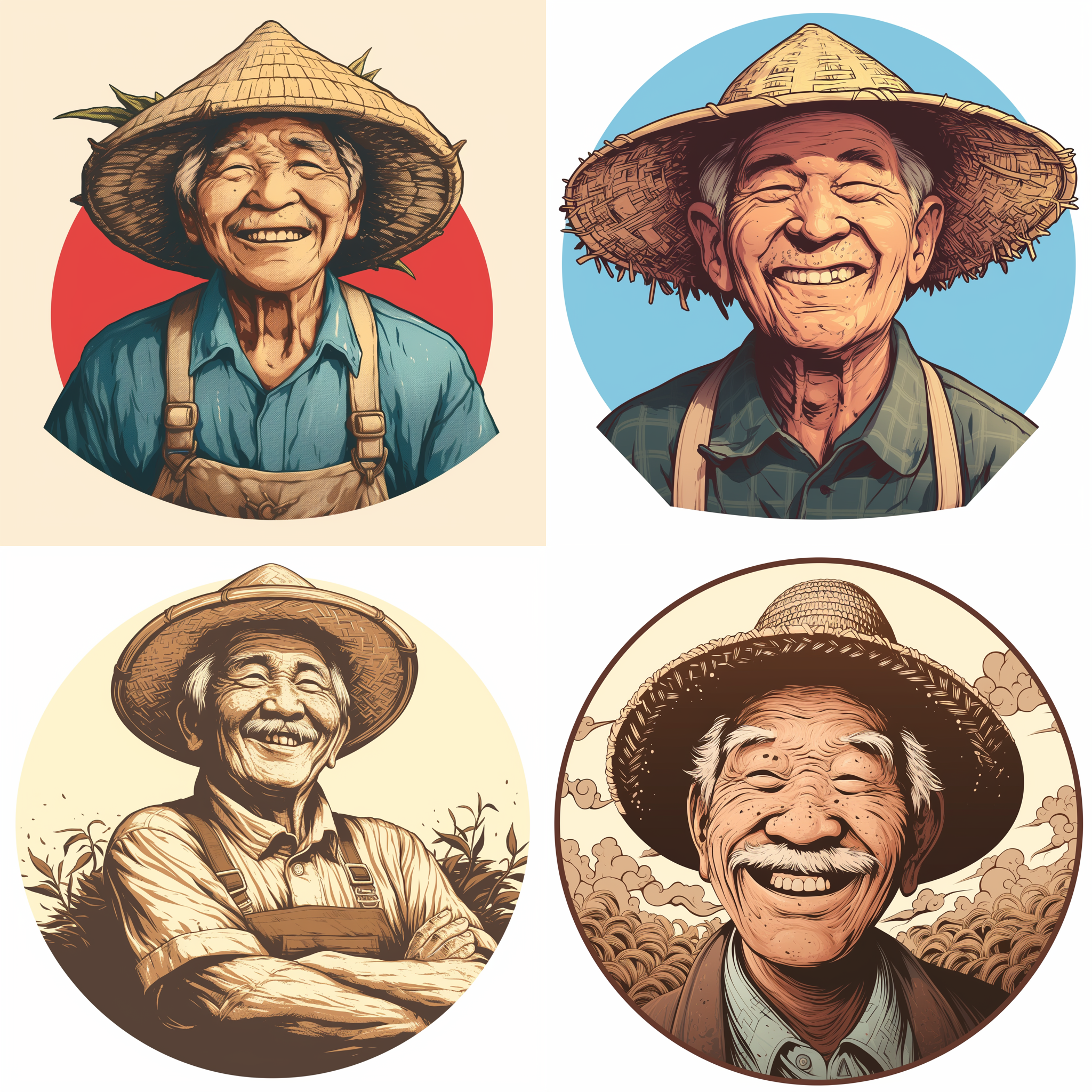 农民标志，亚洲老农民带帽，表情强烈，版画风格，矢量标志