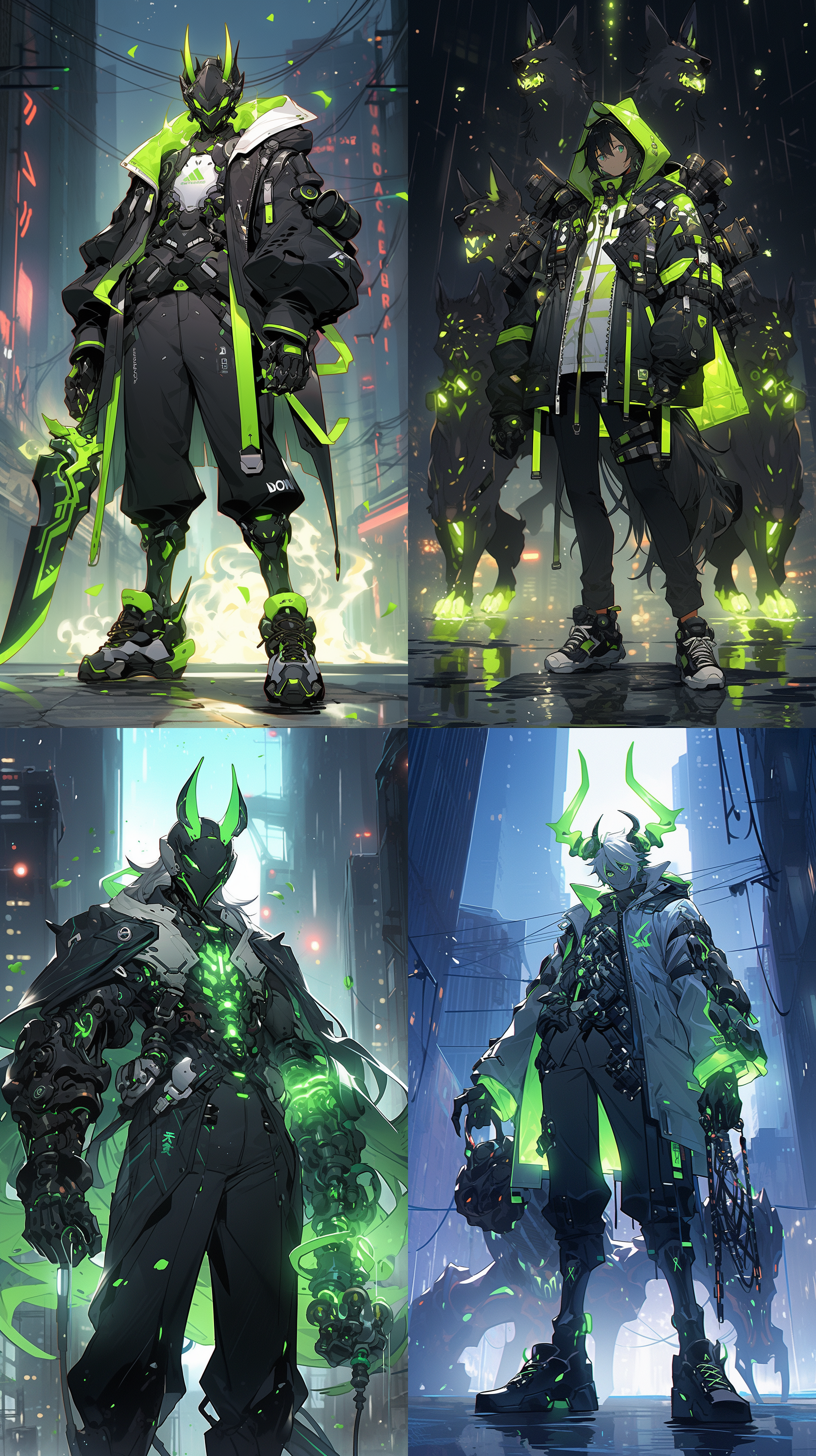 a full body shot of an anime male character wearing cyberpunk , lime green and black jacket with glowing yellow accents on it, holding two futuristic guns in his hands, he has horns coming out from the top of head, blue background with dark buildings behind him, there is also some robots around him, glowing eyes, anime style, studio ghibli style, digital