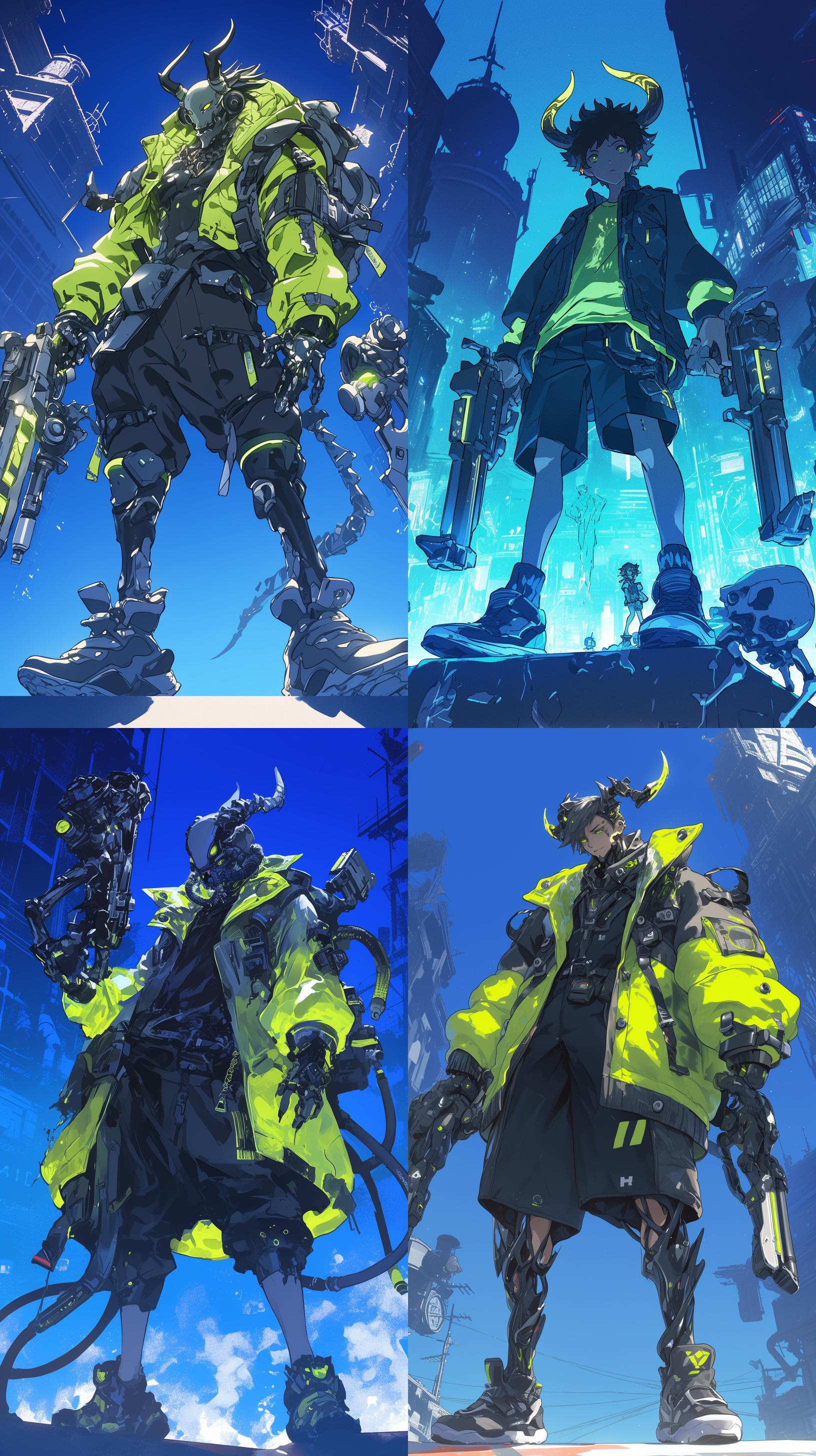 a full body shot of an anime male character wearing cyberpunk , lime green and black jacket with glowing yellow accents on it, holding two futuristic guns in his hands, he has horns coming out from the top of head, blue background with dark buildings behind him, there is also some robots around him, glowing eyes, anime style, studio ghibli style, digital