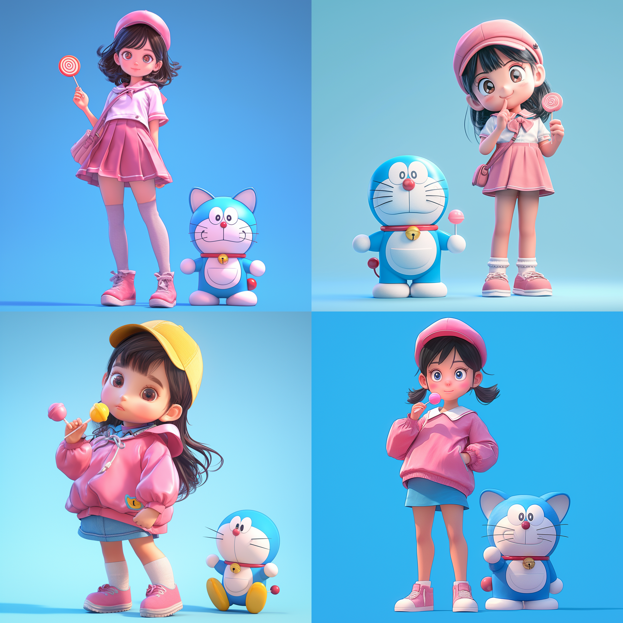 黑色头发，粉色衣服，可爱的女孩，手里拿着棒棒糖，旁边站着哆啦a梦，戴帽子，蓝色背景前，详细的角色设计，全身可见，卡通ip风格，动感十足。配色柔和，采用3d建模软件c4d制作，使用超高品质ultra hd 8k分辨率，水果元素, 卡通ip风格, 科技感, 水果蔬菜装饰, 水果武器, 视图, 3d建模, c4d, ultra hd 8k, 皮克斯动画.