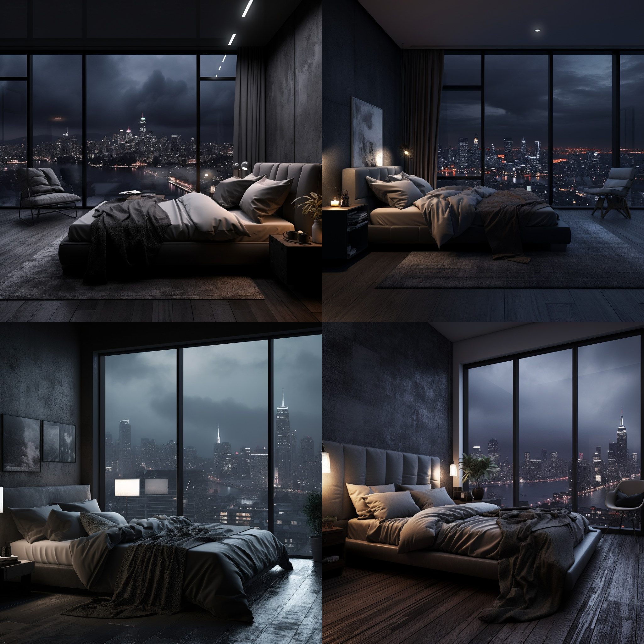 暗黑卧室，大窗户俯瞰城市，雨天，阴郁，舒适，现代极简风格，深灰黑色调，长宽比9:16，风格化750，室内，阴天光线，广角镜头，柔和对比，静谧，温暖，宁静。