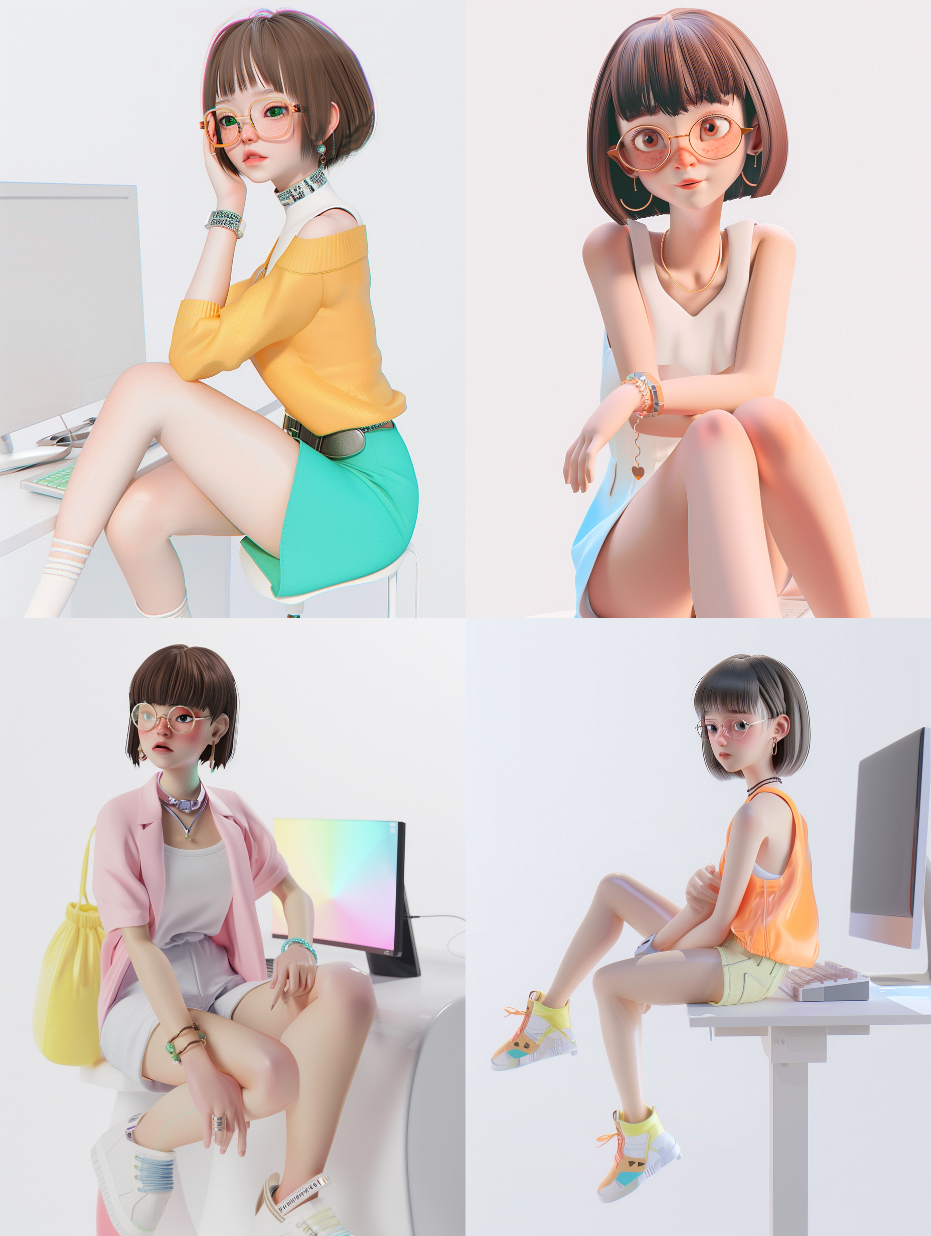 make an avatar for me: white background, 3d cartoon style girl, delicate face, short bobbed hair, no glasses, trendy summer fashion clothes, bubble mart color scheme, bright color scheme, upper body, girl sitting next to a computer, made by pop mart, smooth and detailed, clay material, octane rendering, super detailed, 8k,...