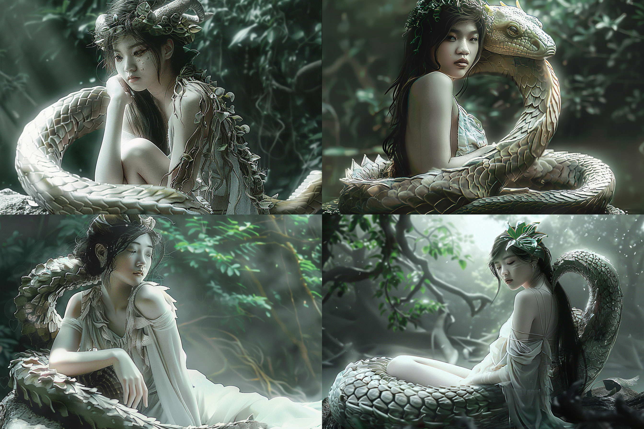 神话传说，茂密丛林，山中神仙，人头蛇身，树叶衣服，半躺石头，自然光，柔和色调，广角镜头，神秘氛围，宁静表情，绿色背景，细节丰富，超现实风格。 超现实主义 森林 低角度 白 皮毛 丁达尔效应 怪奇物语