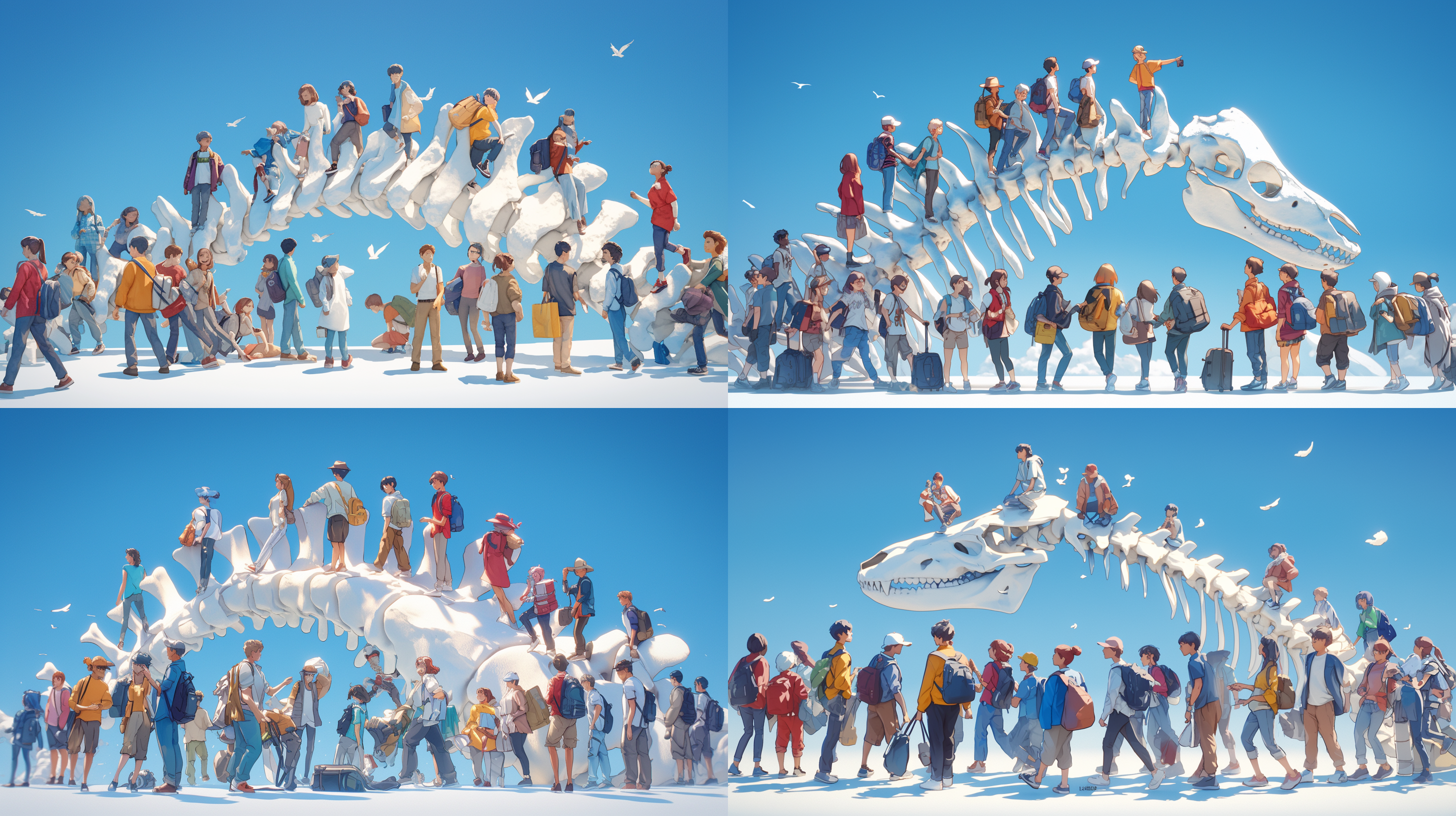 巨大的脊柱关节，一群在运动的人，皮克斯动画风格，超现实，动感，3d，ue5渲染，超大的广角，柔和的渐变，明亮的蓝色，逼真的细节