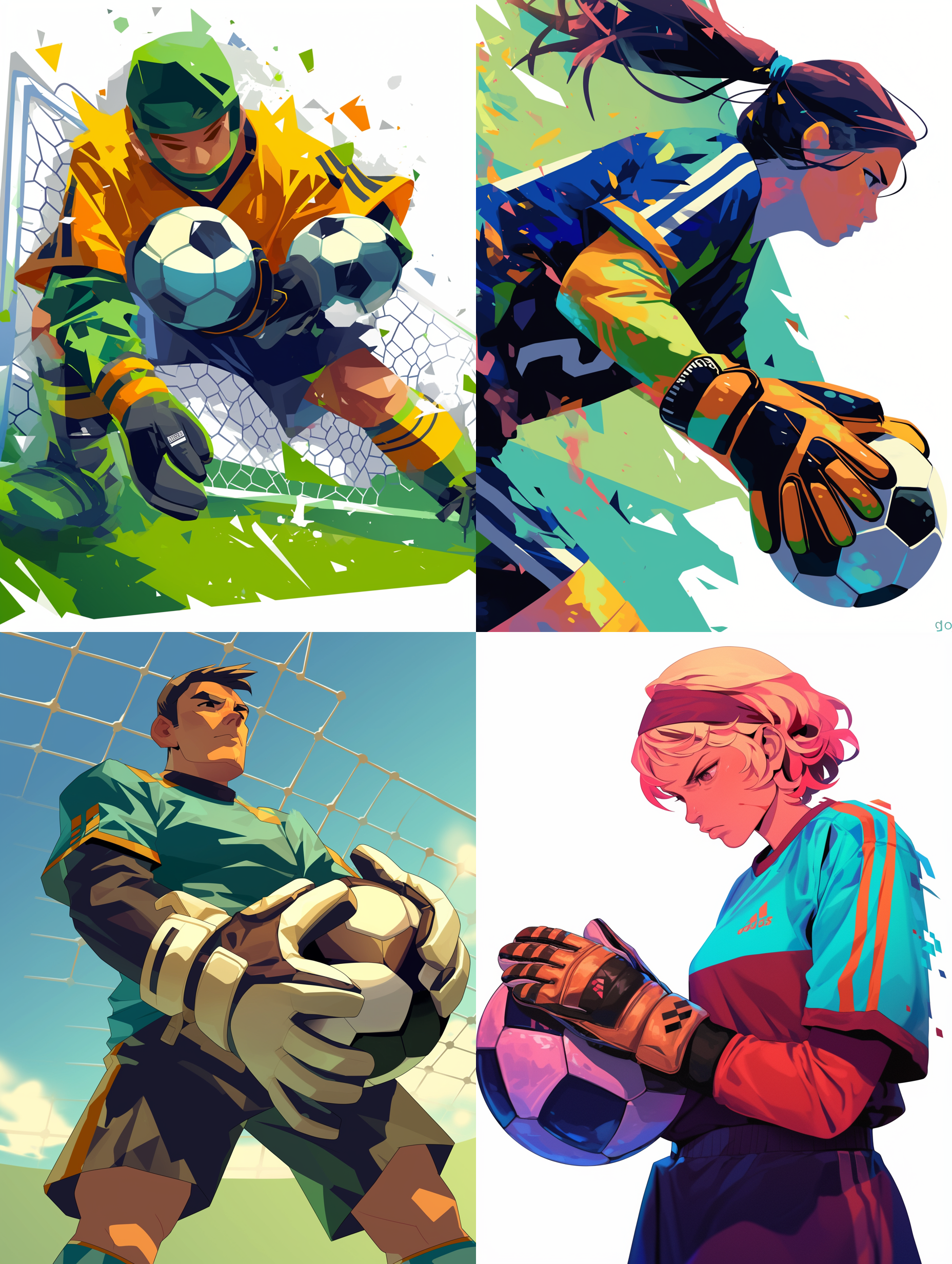 illustration style, vector, simple color blocks of characters, vector, white background, football goalkeeper