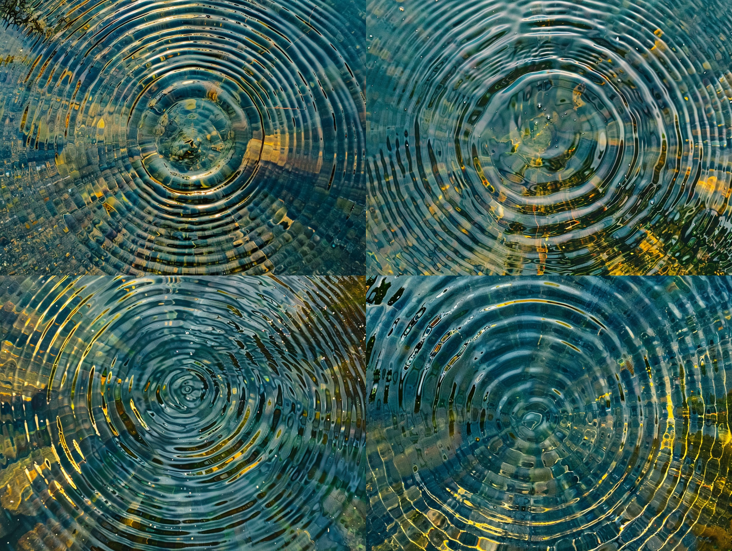 水波纹，圆形向外扩散，透明底，质感，俯视角度，涟漪简单，中心对称，高清晰度，平静水面，自然光，微距镜头，静态，清澈，宁静。