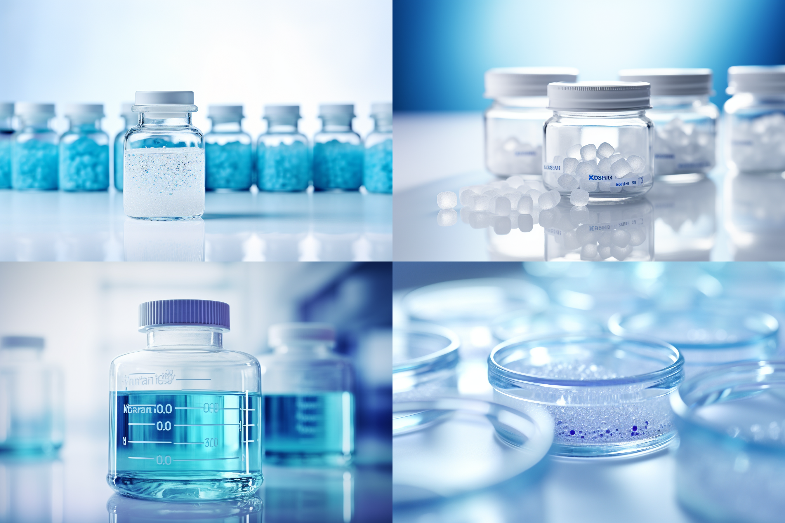 高分子玻璃酸钠，实验室环境，现代简约风格，透明容器，白色背景，微距镜头，柔和光线，专注，清晰，科技蓝，精确。