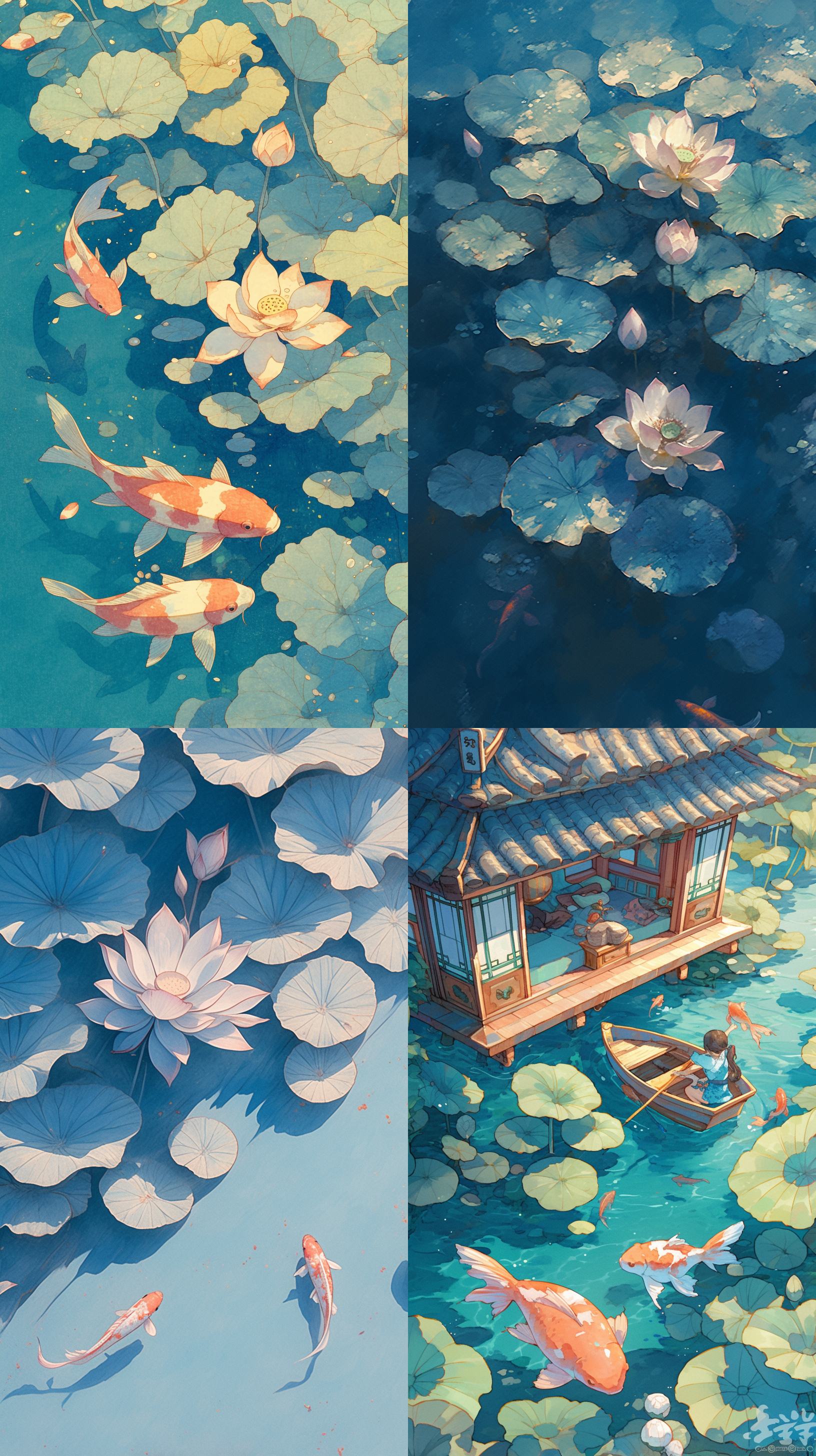 粉红睡莲绿绿荷叶散落画面，金鱼穿梭其间，清新简洁背景，中式美学，留白，俯视角度，超清晰，超细节，小暑海报，8k，9:16。