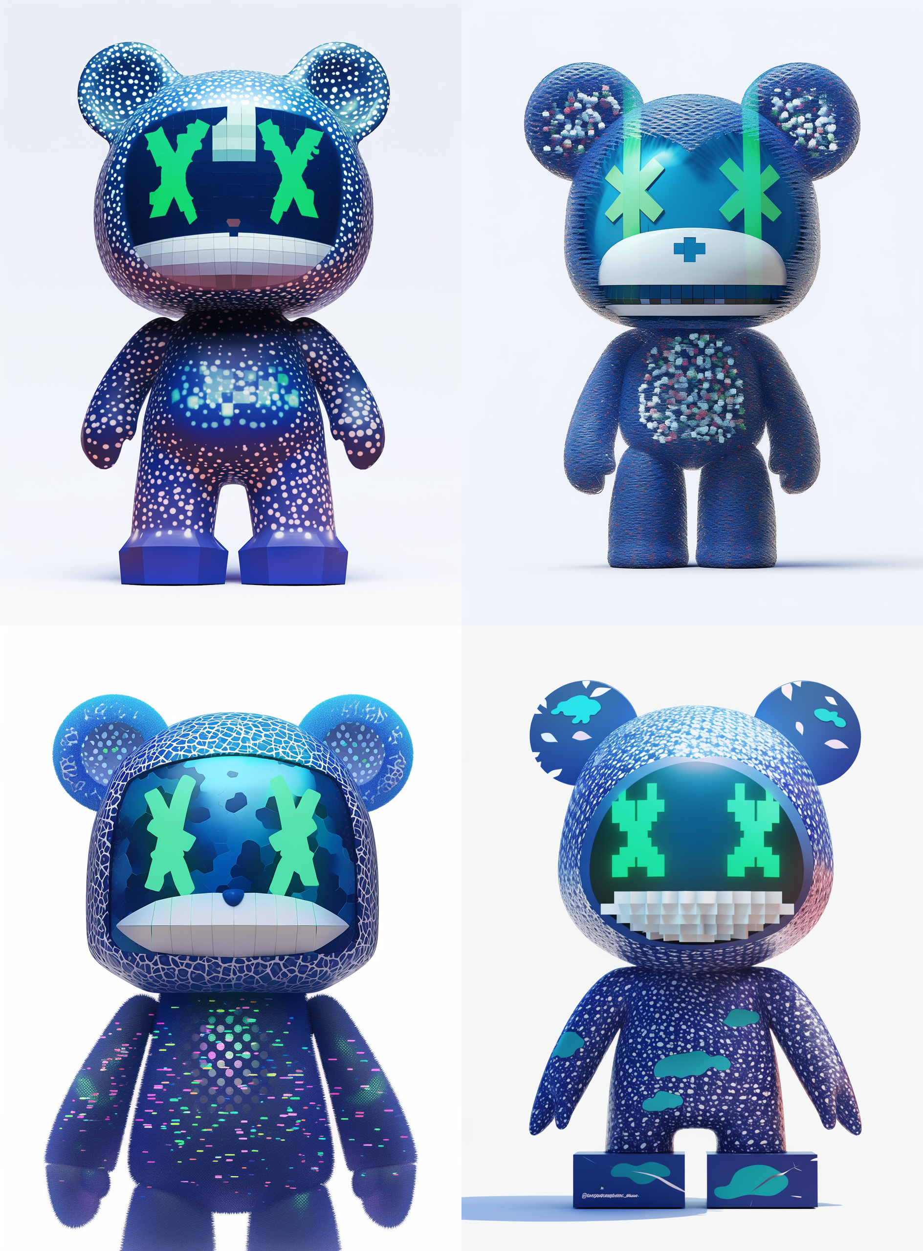 3d rendering in c4d of a full body anthropomorphic bear made from blue and white woven wicker with green eyes, in the style of a cartoon, with a simple structure, on a white background, in a front view, with a symmetrical composition, using a cool color scheme and bright lighting with high saturation.