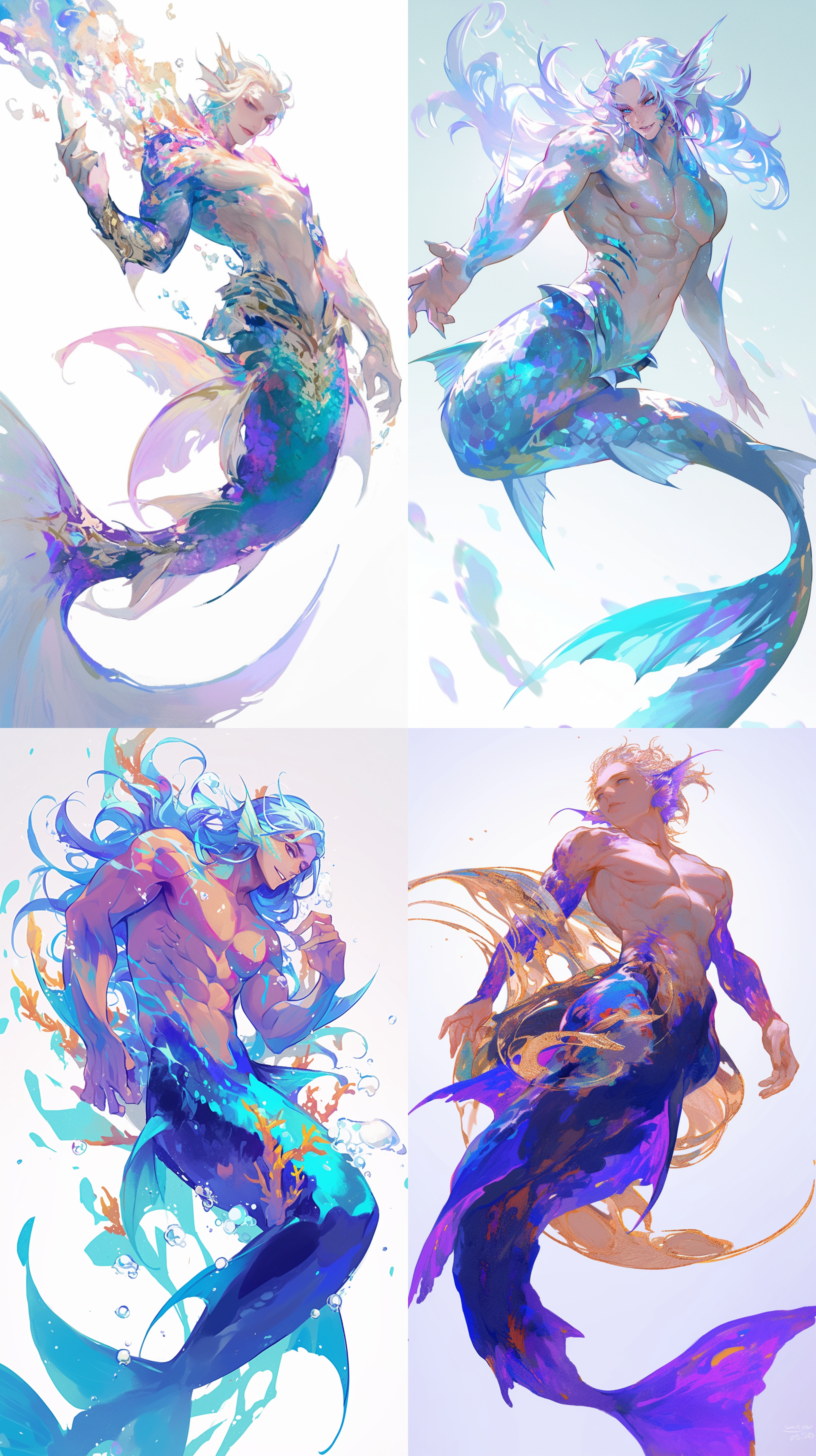 白色背景，18岁男鱼人，全身，流畅的肌肉线条，动感，精致的脸部，泡泡玛特配色，超细节，8k,16k，超清晰细节，写真摄影，欢快动感，明亮色彩，生动表情，细节丰富，数字艺术，创意设计，灯光效果，童真情感，