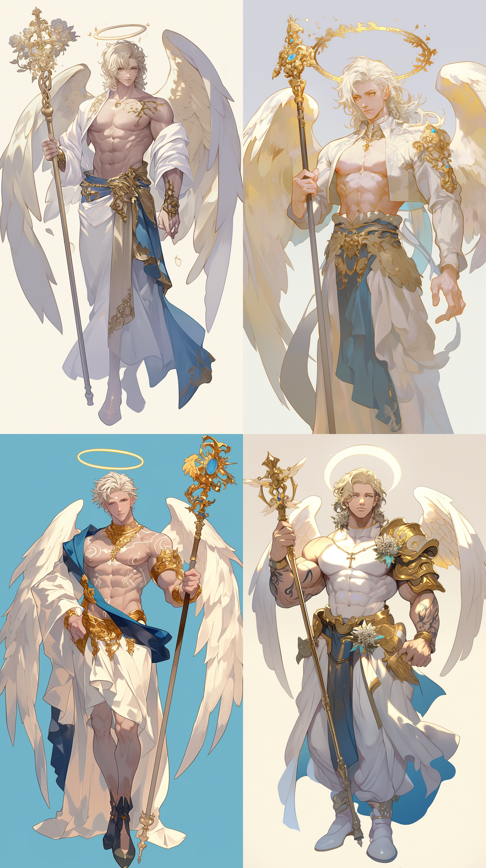 18岁俊俏男性天使，肌肉明显，鎏金纹身，光环，白皙皮肤，庄重庄严，站姿，神圣感，腹肌，肌肉展现，天使翅膀，权杖，手持金色权杖，角色设计风格，背景庄严，角色设计风格，全身，特写，纯色背景，4k，高质量，高渲染，超级细节