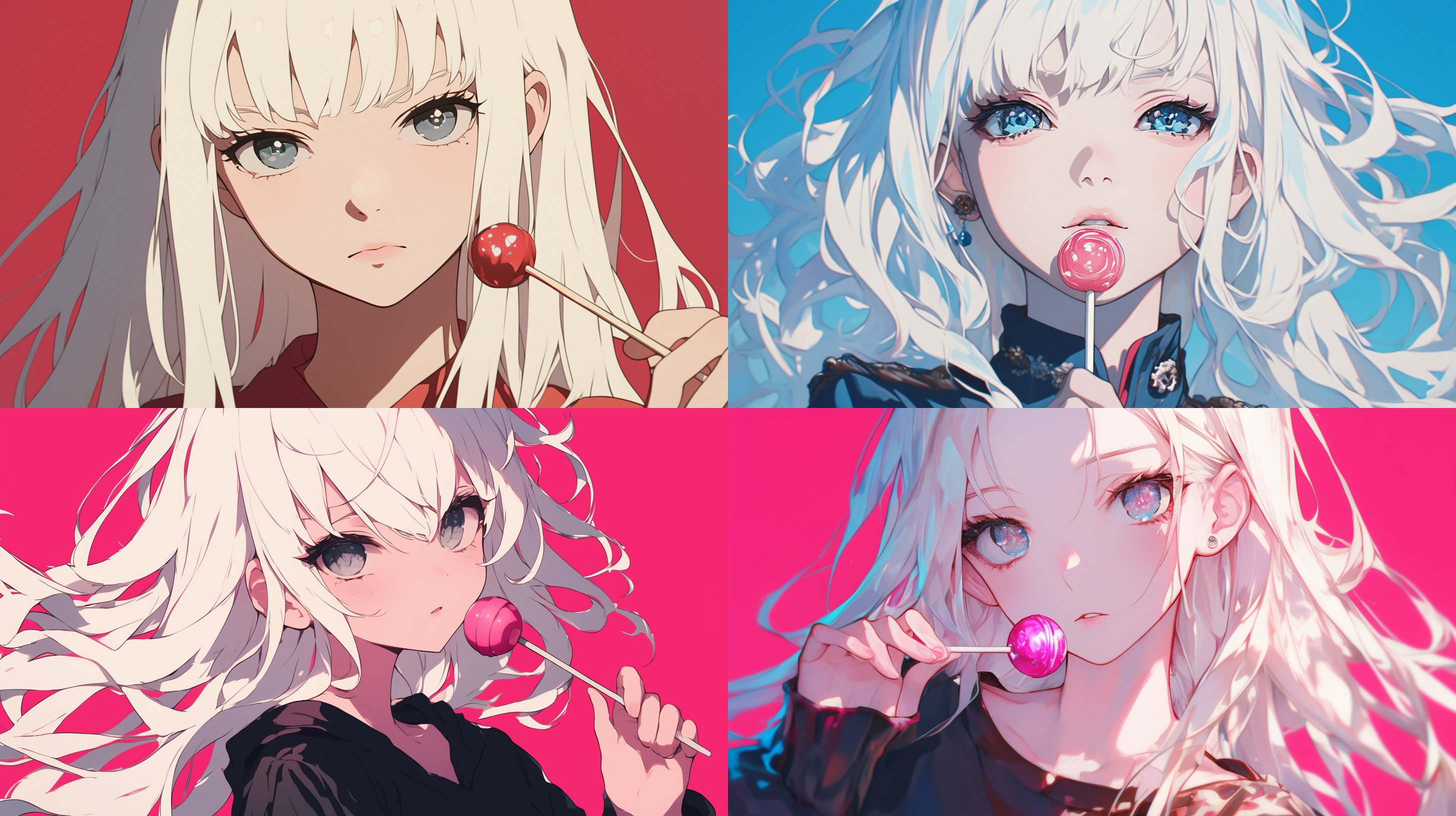 白色的长发，黑色的眼睛，圆溜溜的，长相圆润可爱，拿着棒棒糖，动漫风