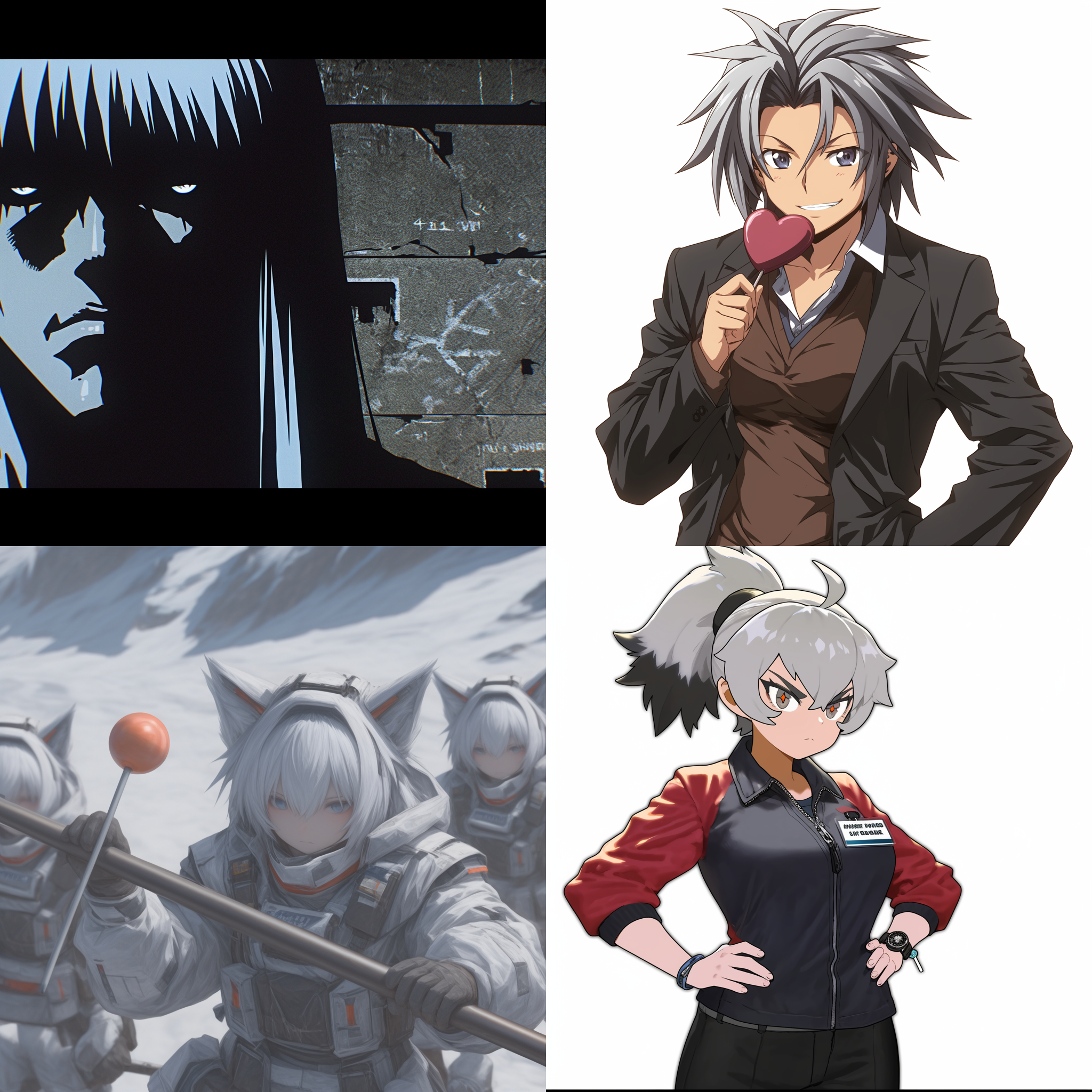 白色的长发，黑色的眼睛，圆溜溜的，长相圆润可爱，拿着棒棒糖，动漫风