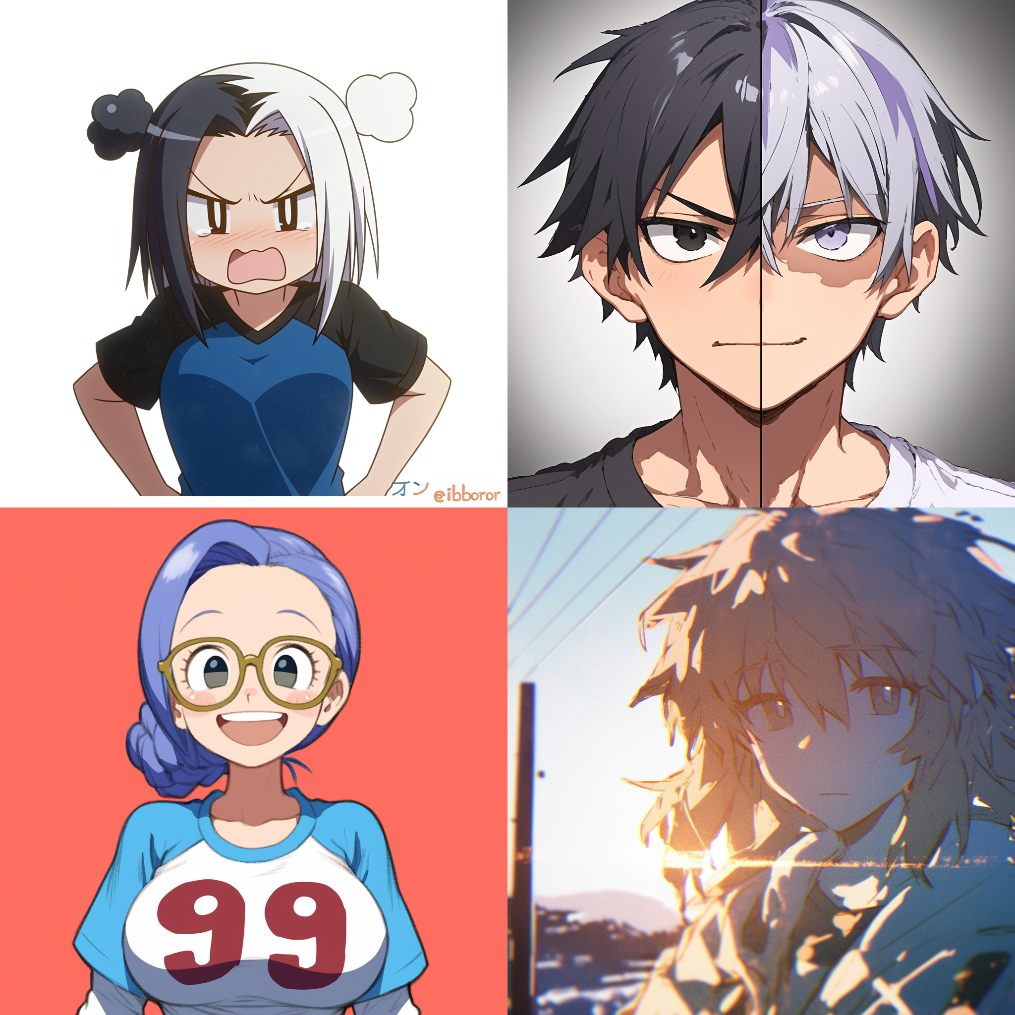 一位奶白色头发，黑色的眼睛，圆溜溜的，长相圆润可爱，头上戴着发卡，穿着黑白色t恤，长相精致，长得小巧玲珑