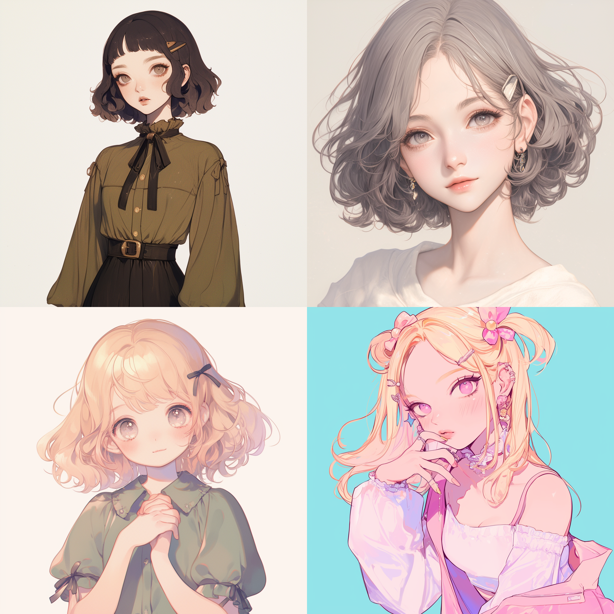 一位奶白色头发的女生，黑色的眼睛，圆溜溜的，长相圆润可爱，头上戴着发卡，长相精致