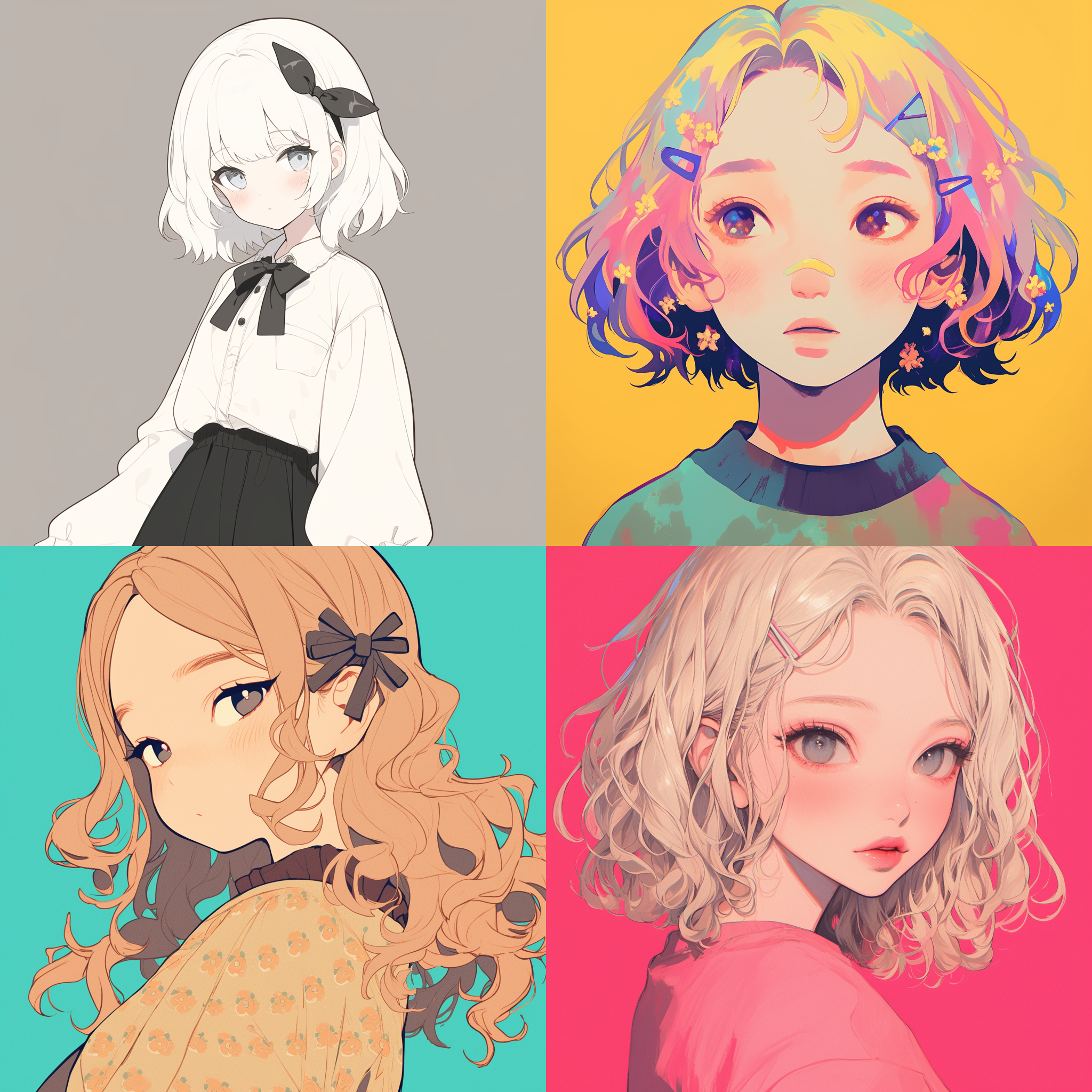 一位奶白色头发的女生，黑色的眼睛，圆溜溜的，长相圆润可爱，头上戴着发卡，长相精致