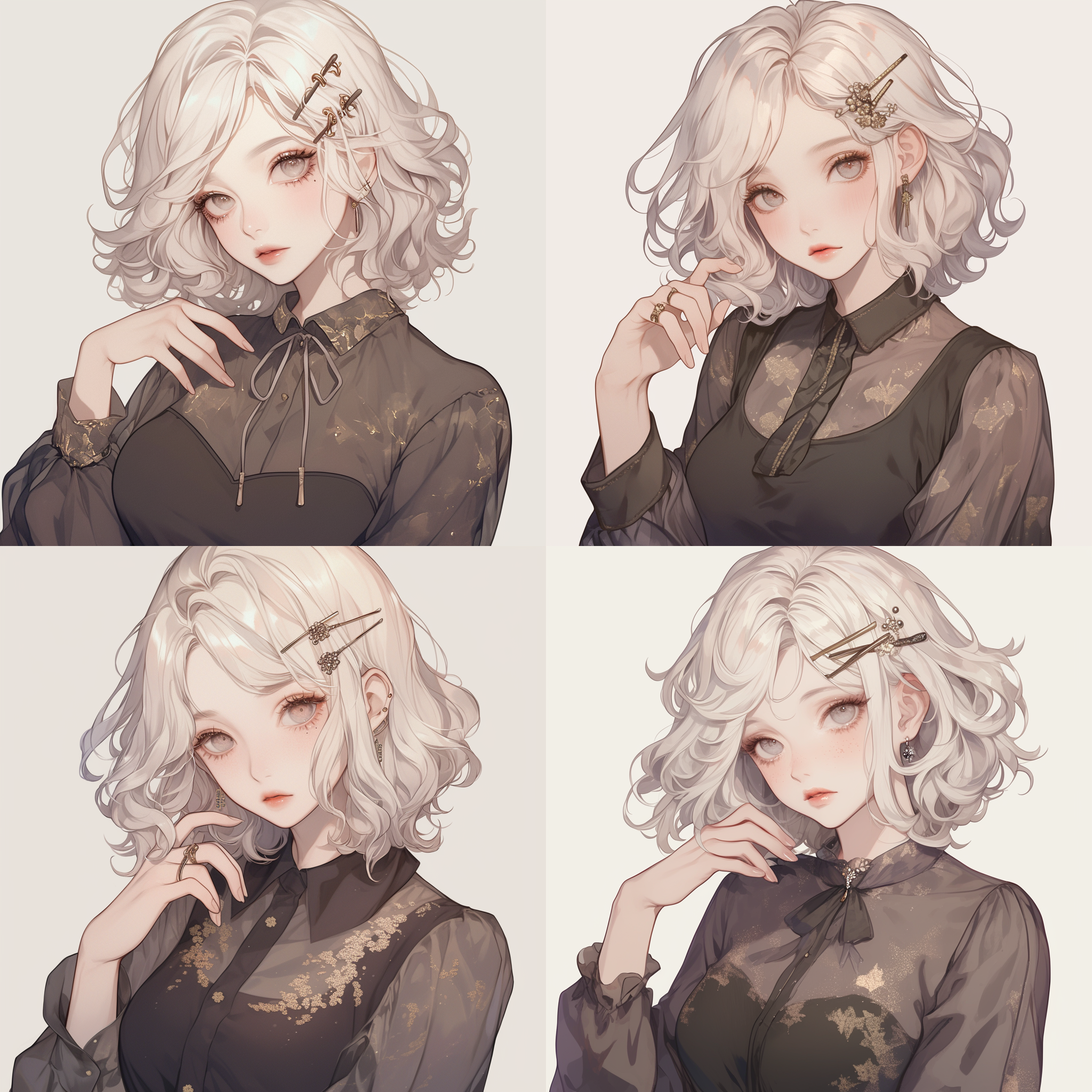 一位奶白色头发的女生，黑色的眼睛，圆溜溜的，长相圆润可爱，头上戴着发卡，长相精致