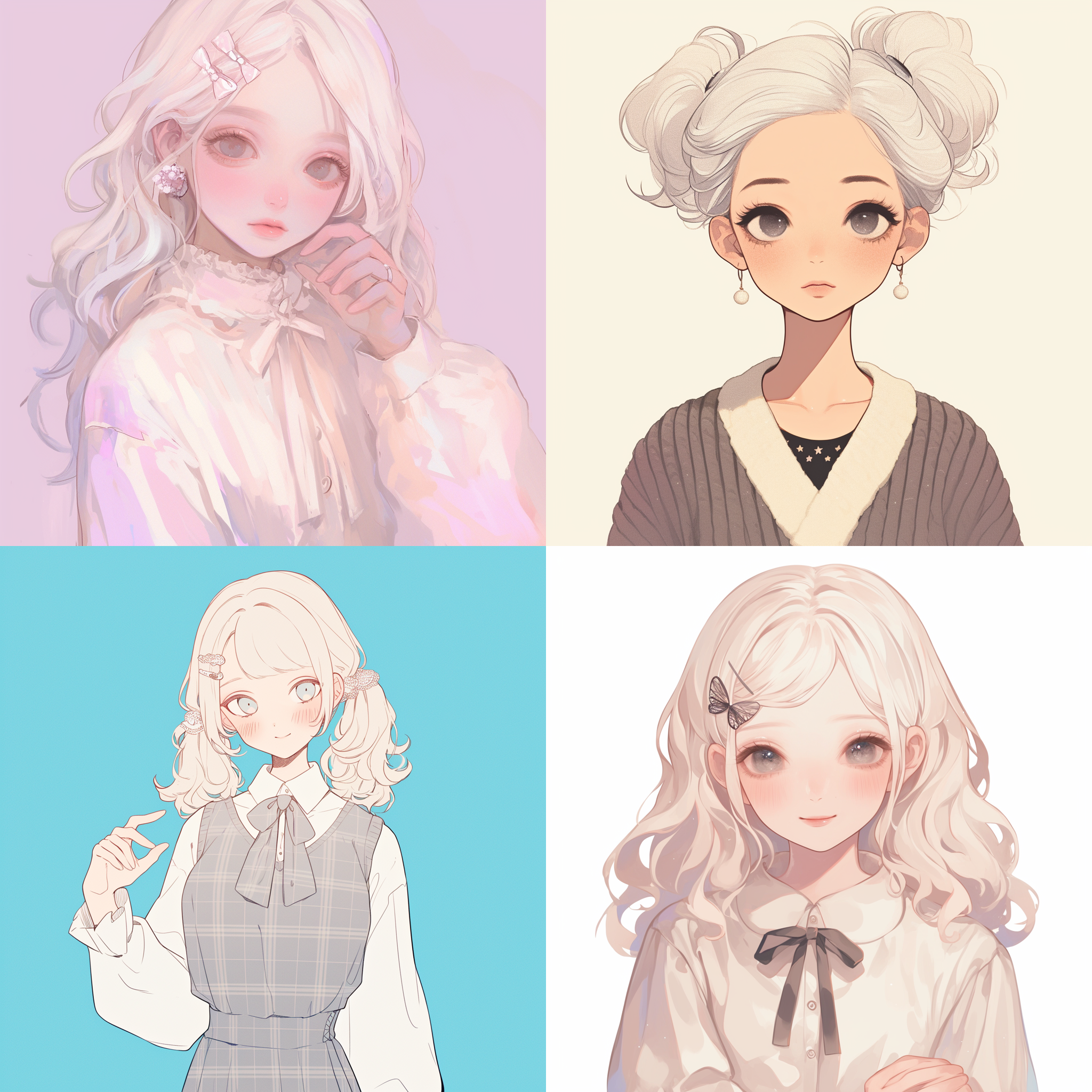 一位奶白色头发的女生，黑色的眼睛，圆溜溜的，长相圆润可爱，头上戴着发卡，长相精致