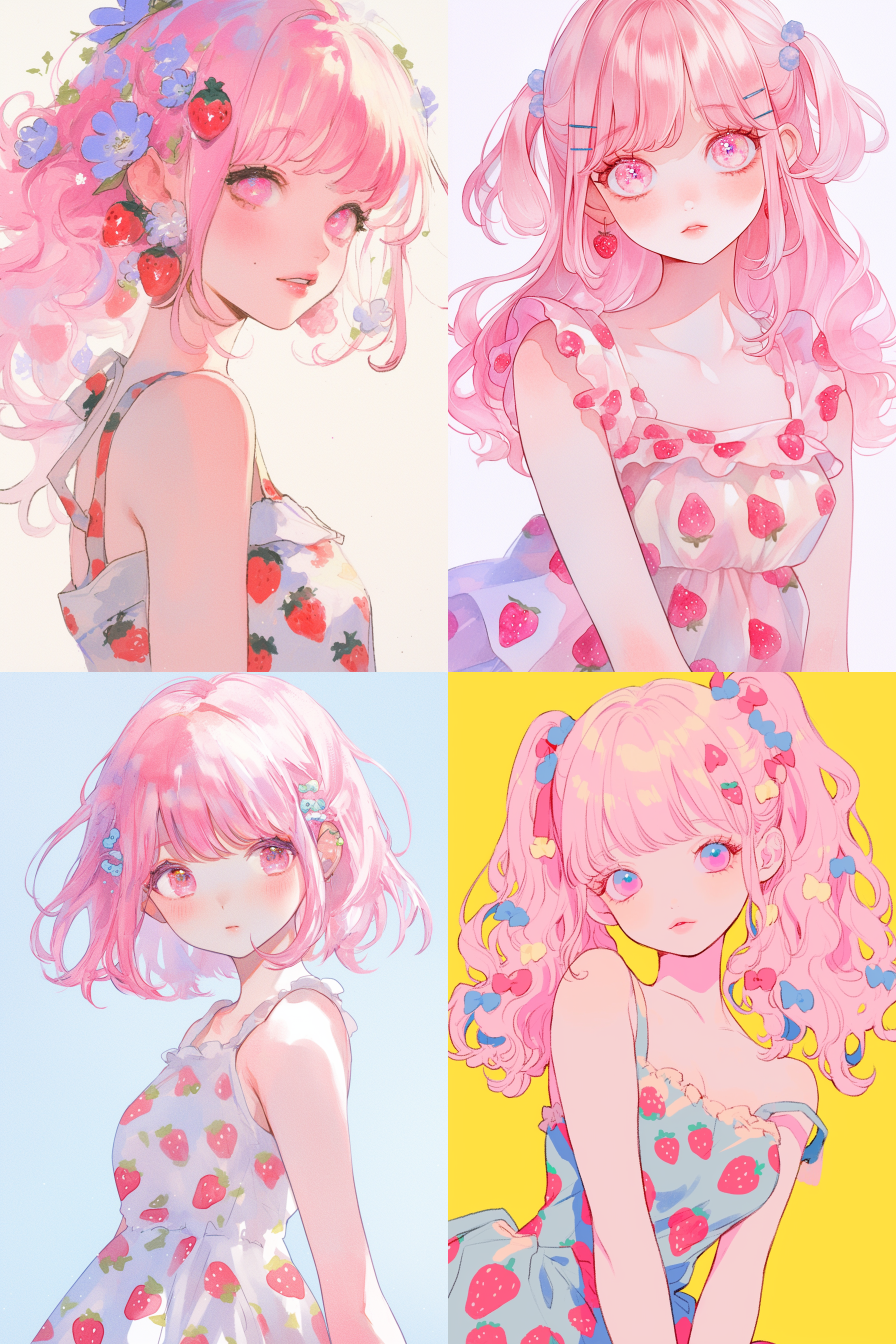 淡粉色的头发，粉色的眼睛，圆溜溜的，穿着草莓图案吊带连衣裙，头上戴着蓝粉色发卡，长相精致，色彩丰富，水彩画风，背景以纯色为主，大师插画风格