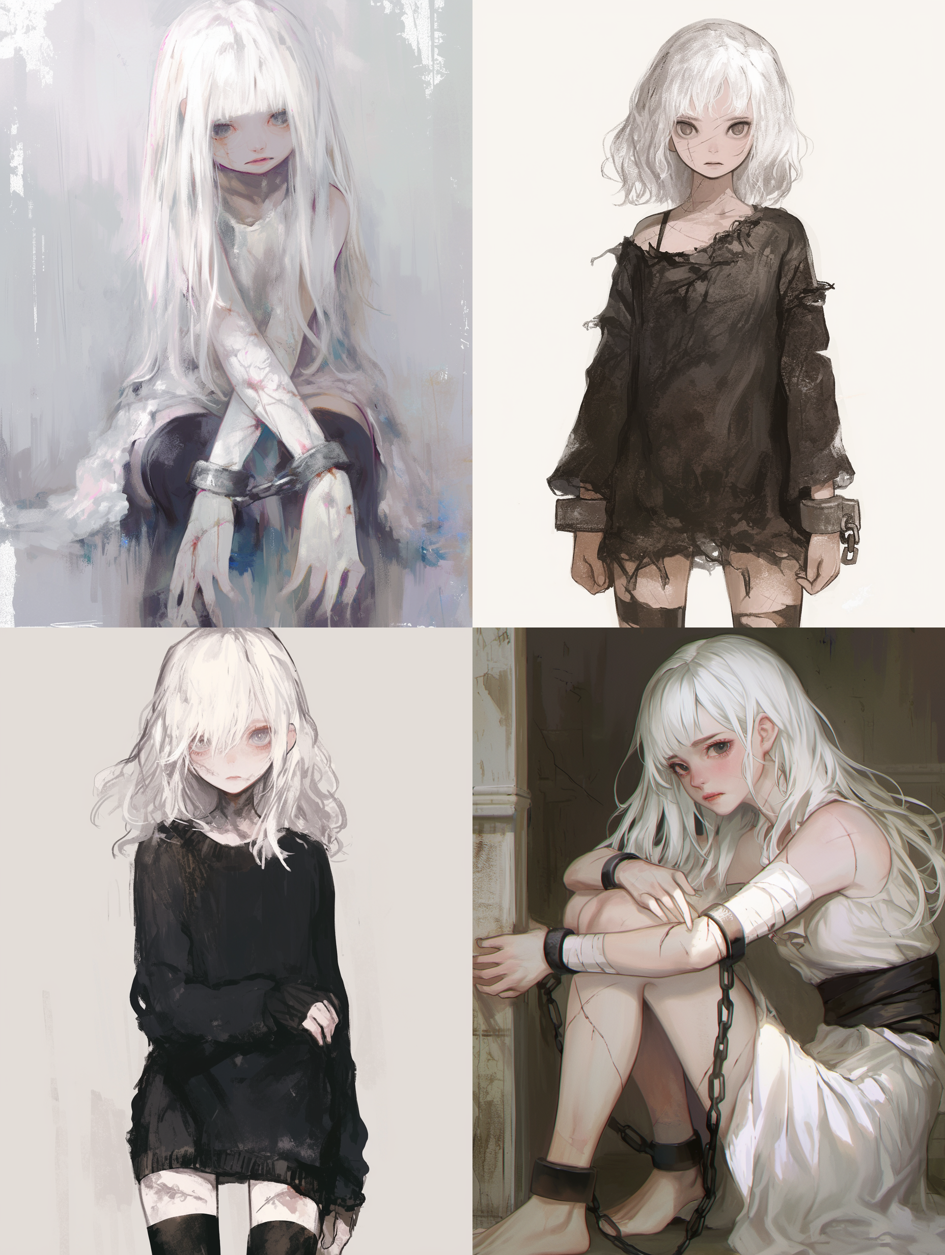 一位白色头发的幼女，黑色幽深的眼睛，圆溜溜的。整个人姿态幼态，身上有伤疤，脚上戴着镣铐，头发凌乱，整个人仿佛没有希望，呆呆地看着