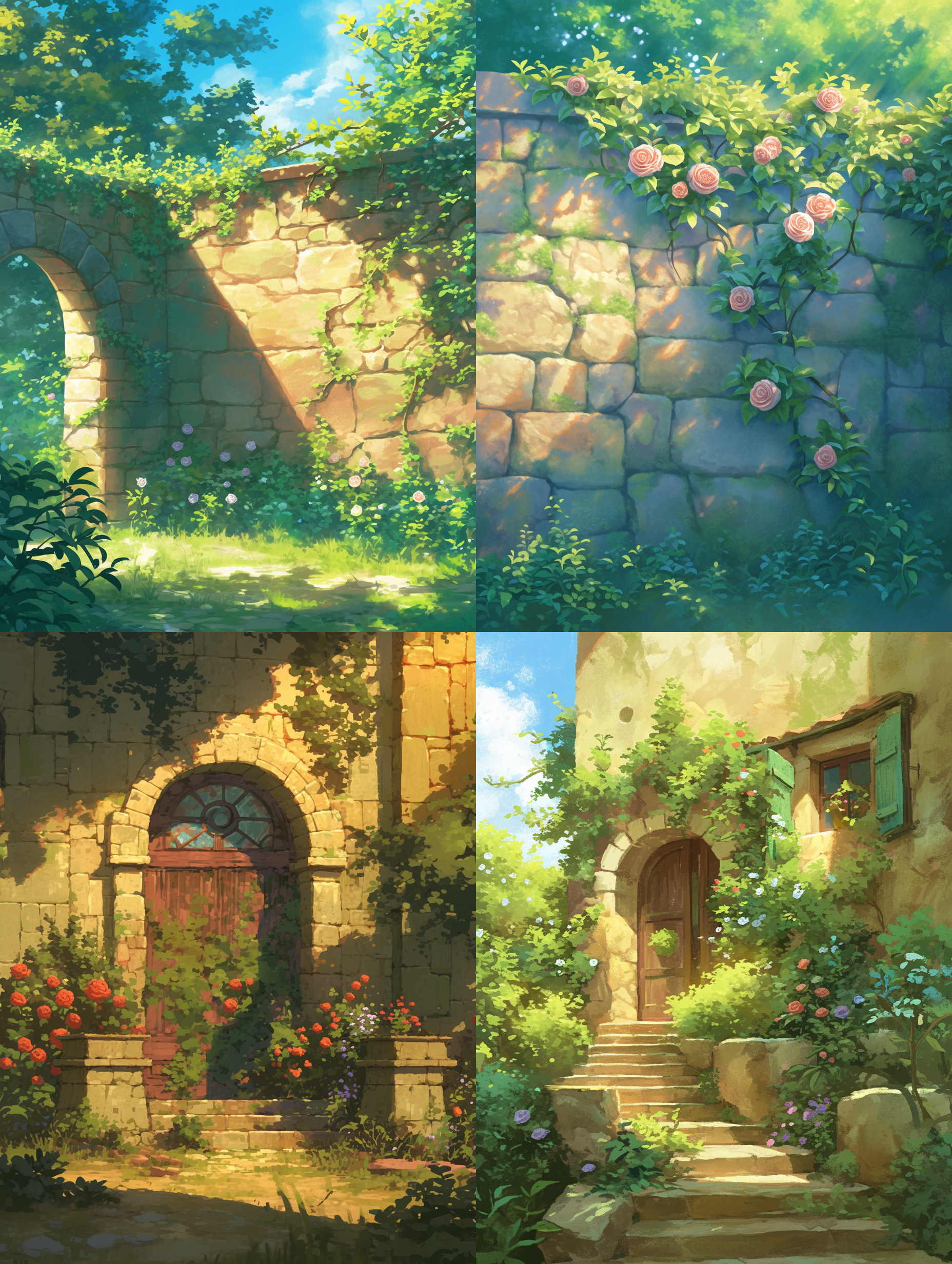 石墙上爬满绿植，上面点缀着几朵玫瑰花，唯美