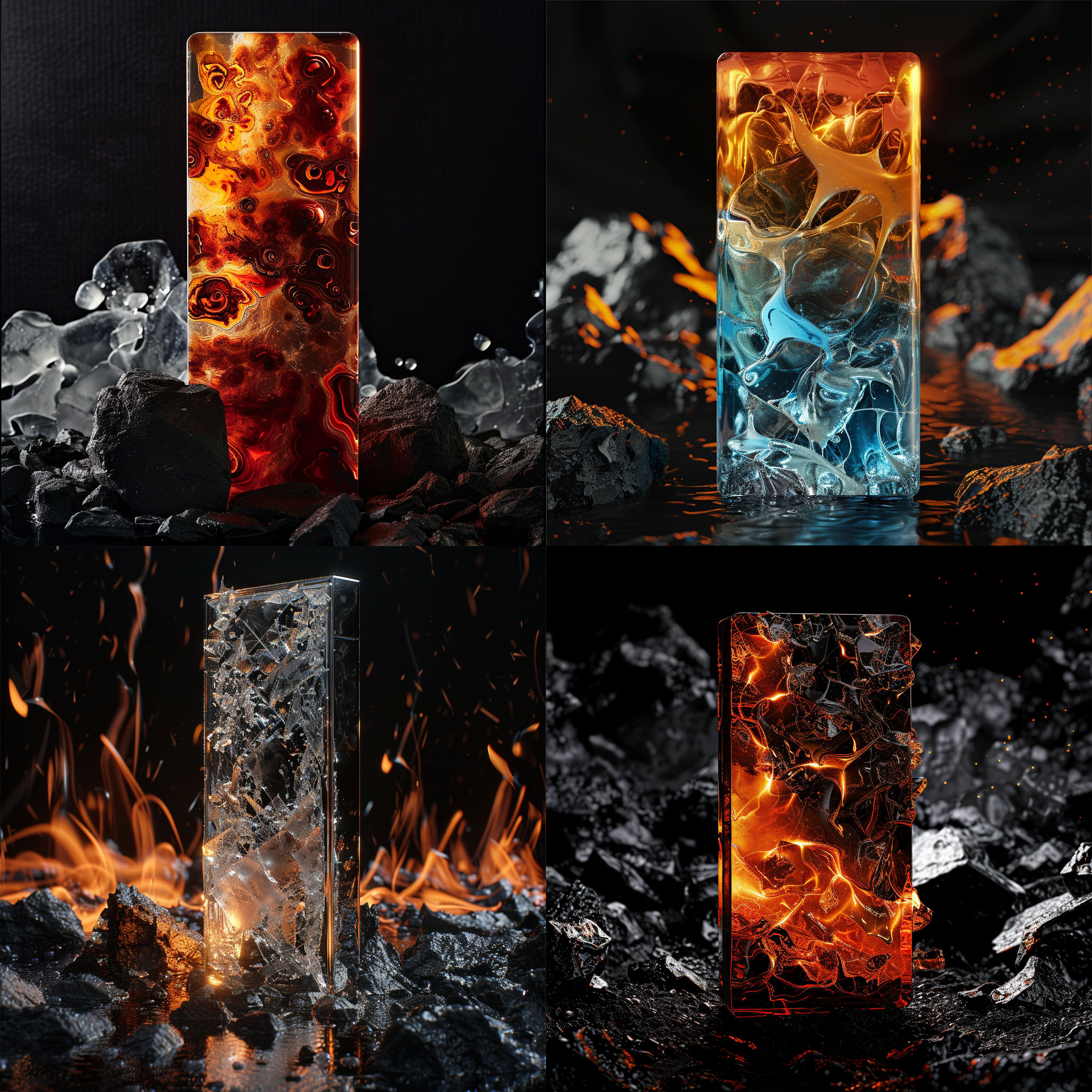 长方形产品，竖立在黑色岩石上，冰火交融的场景，黑色背景，细节精细，8k画质。