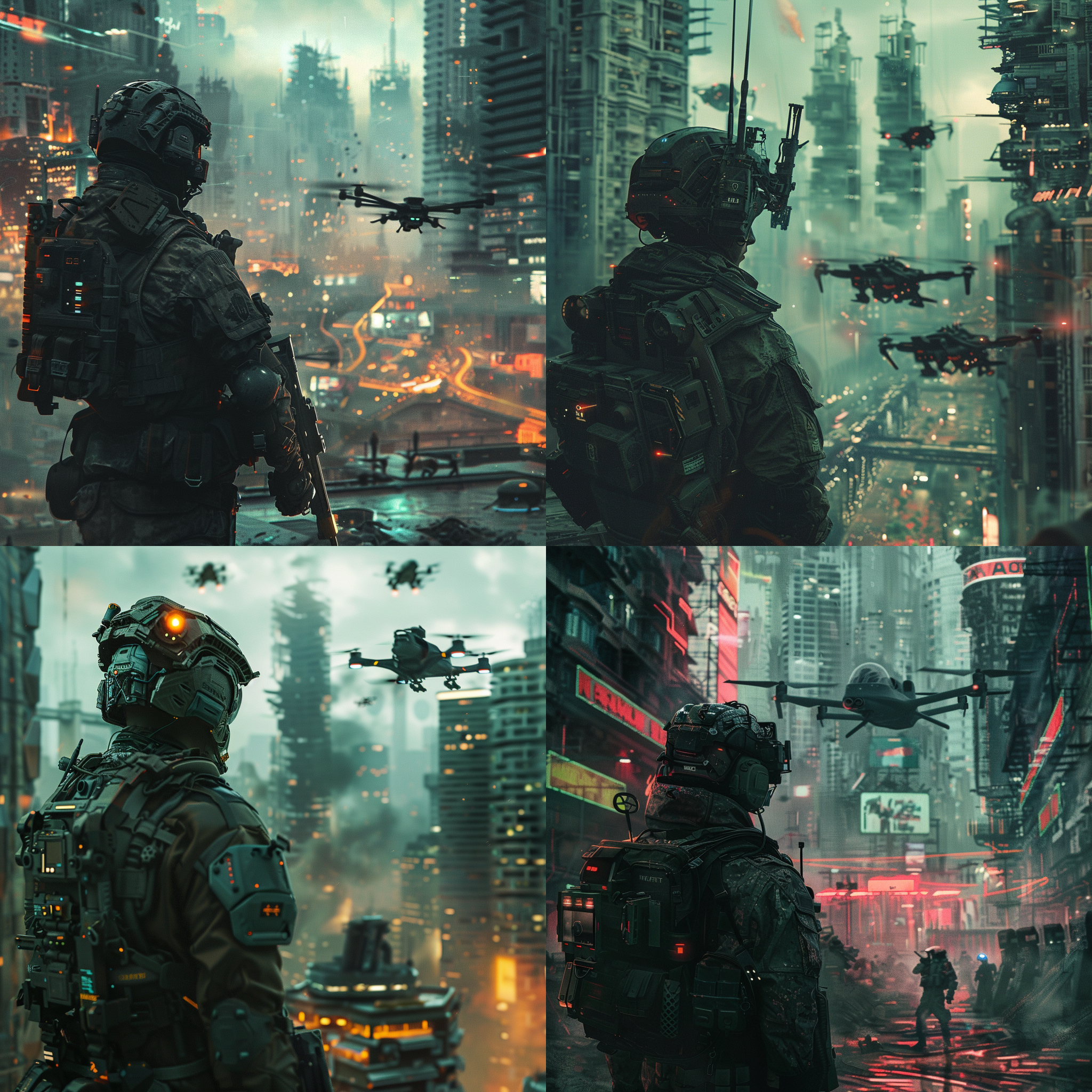 未来战场，单兵作战，空中无人机支援，破败城市，冷色调，长焦镜头，逆光，动态模糊，高科技装备，紧张，孤独。