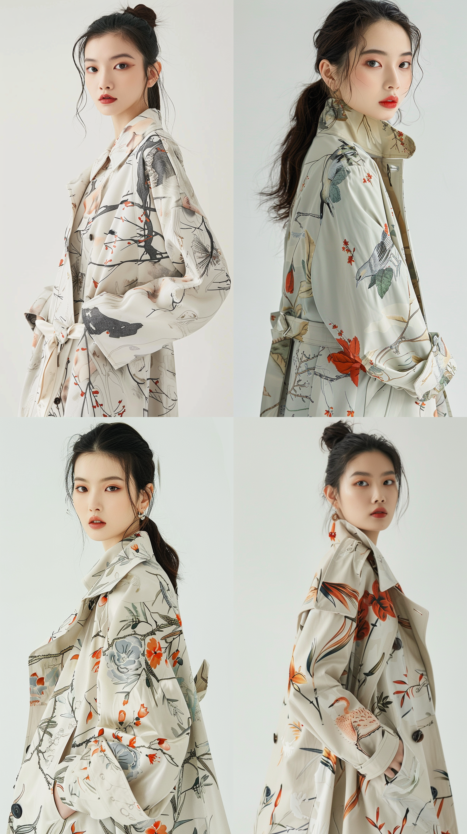 女款上衣设计，春秋款式，风衣款式，中国元素印花，质感高级，休闲职场风格，模特全身效果图，白色背景，简约构图，柔和光线，细节清晰，优雅姿态，传统与现代结合