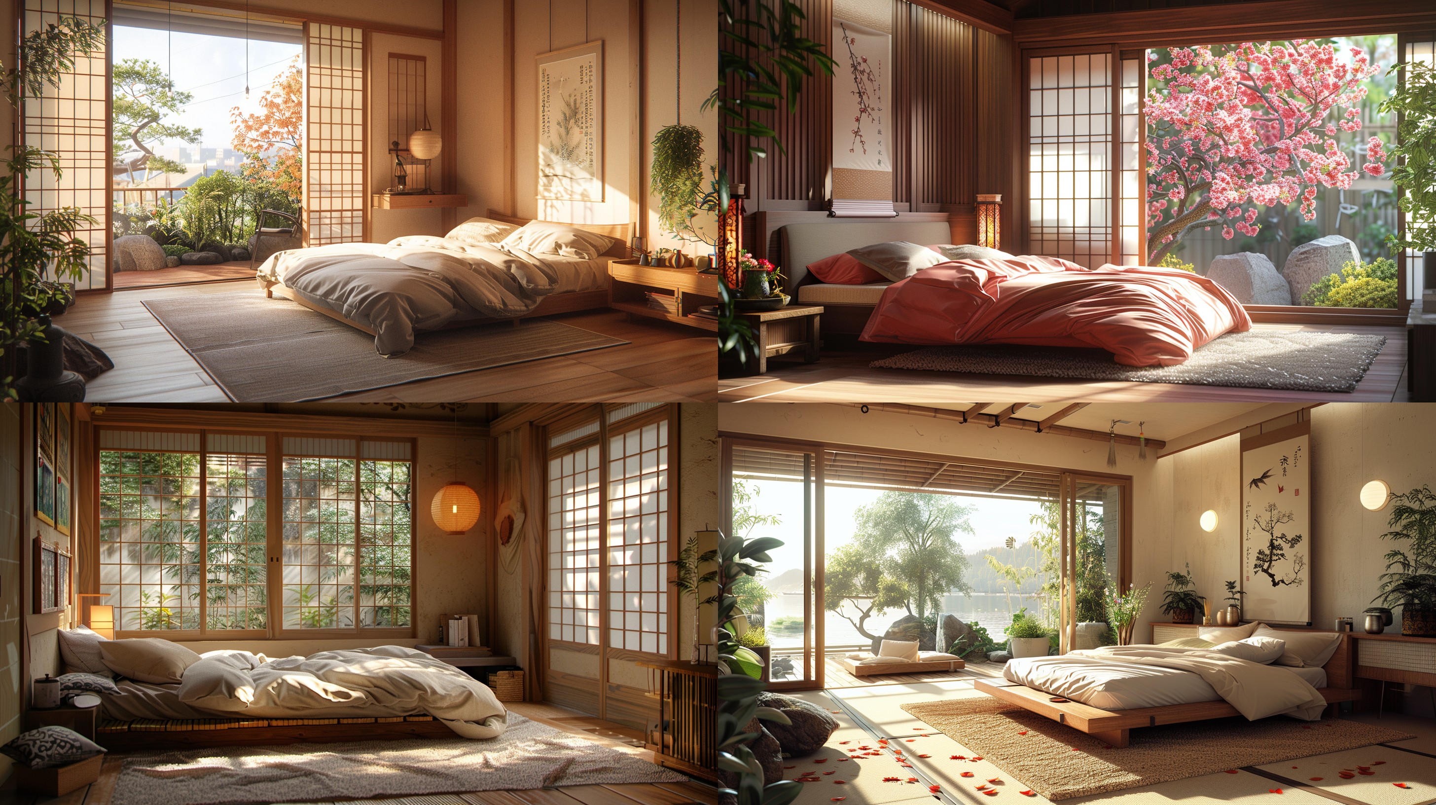 温馨的卧室，日式风格，超真实细节，高分辨率，自然光，和谐色彩，细腻纹理