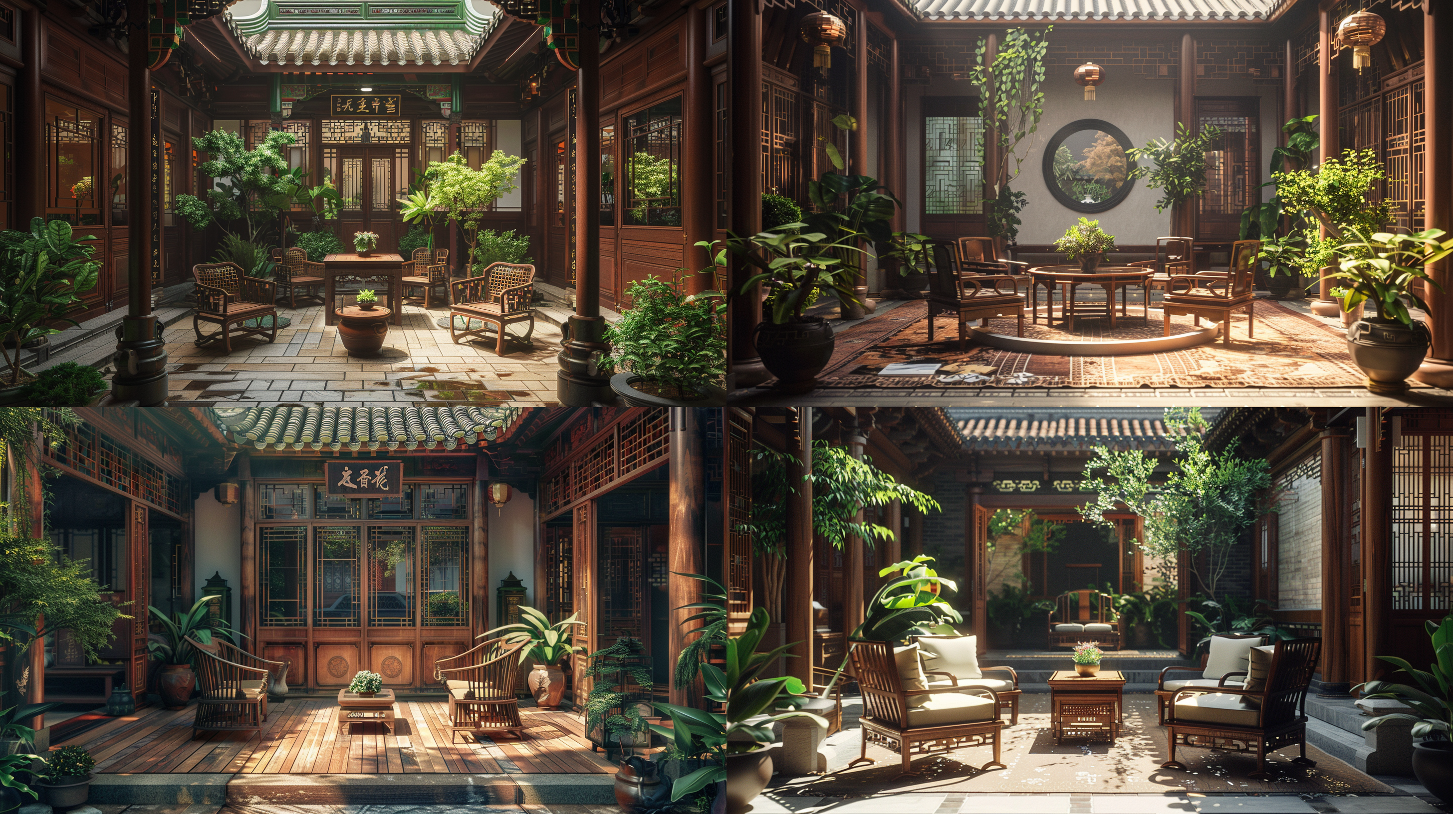 中式小院，椅子摆放，超真实细节，细腻质感，对称构图，自然光，广角镜头，木质纹理，绿植点缀，宁静氛围，棕色调，和谐。