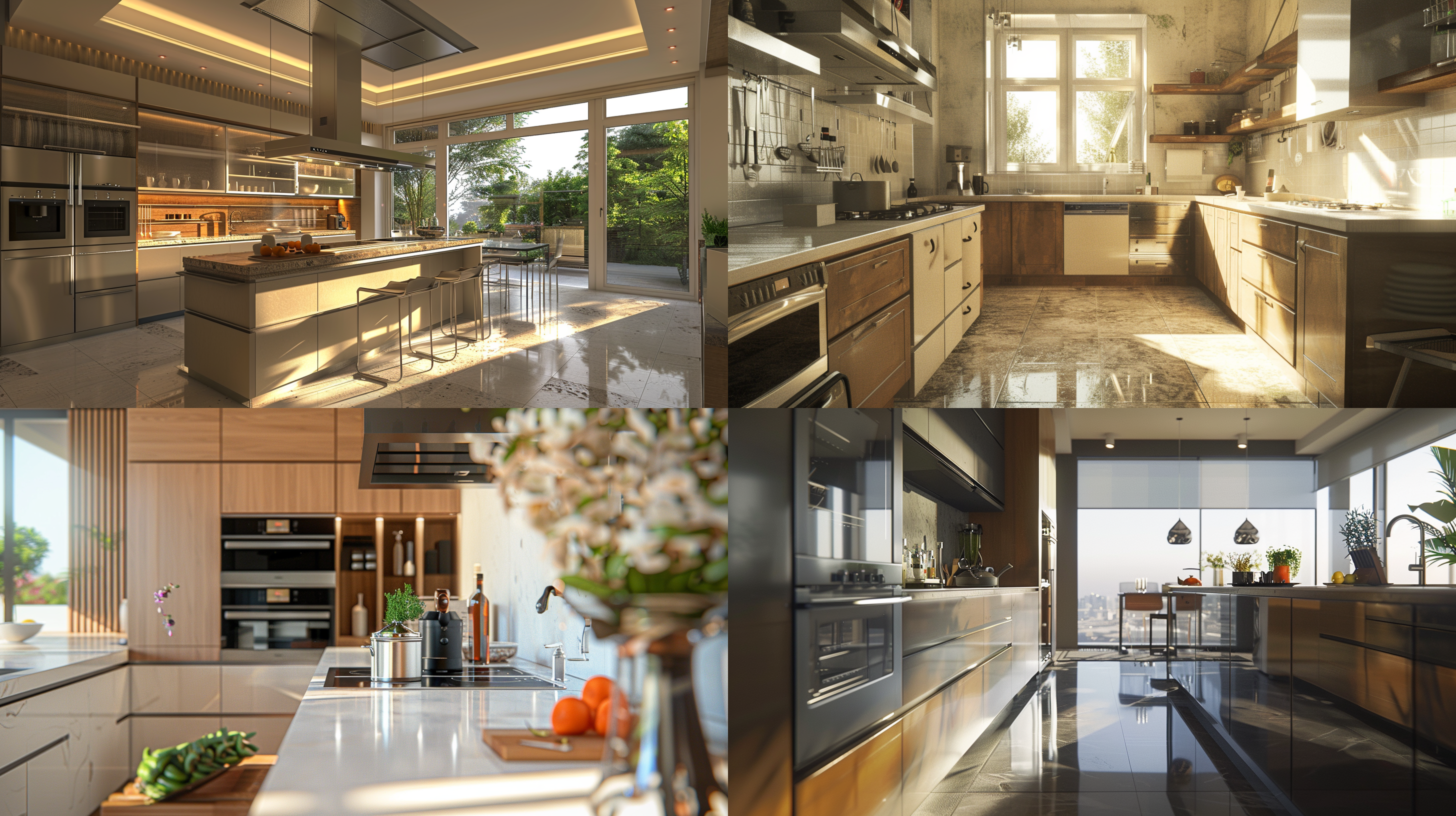 现代化厨房，现代化家具电器，现代风格，都市精英，超真实细节，细腻质感，对称构图，自然光，广角镜头