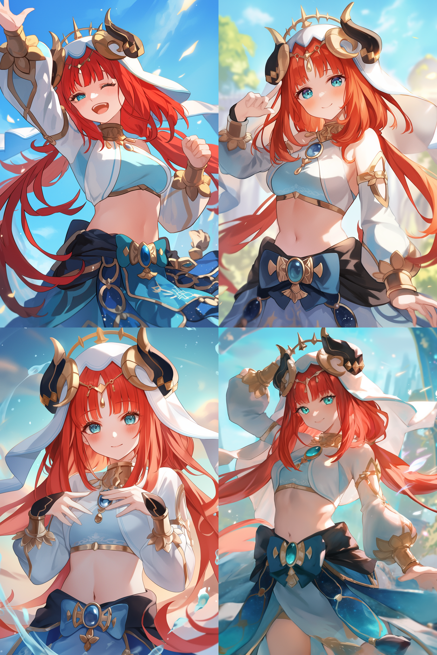 妮露原神，高清，细节丰富，角色站立，微笑，长发飘逸，服饰华丽，背景虚化，柔和光线，特写镜头，色彩鲜艳，情感愉悦。