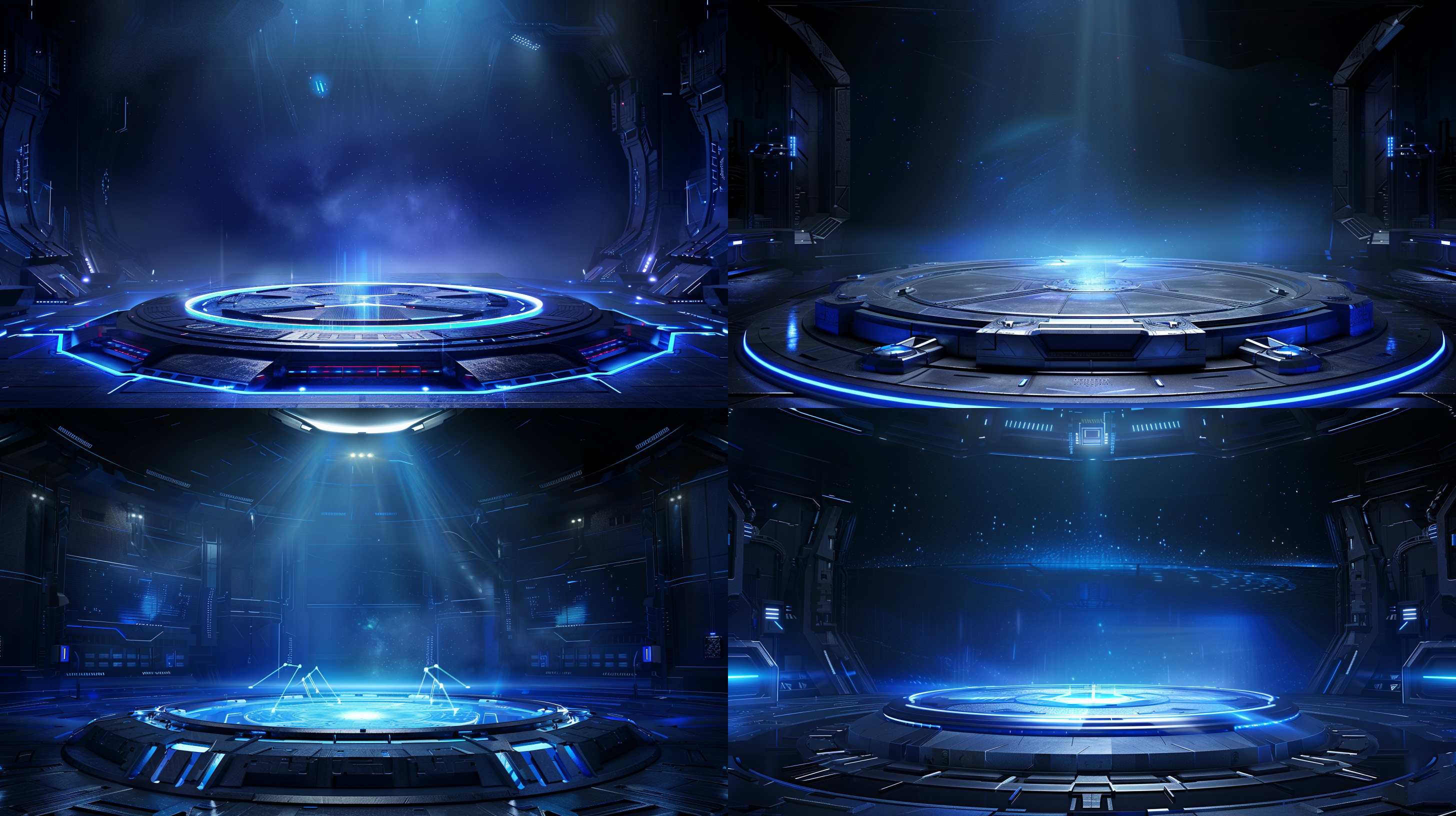 圆形舞台，水槽，cinema4d 4d渲染风格，中心构图，侦察核心，未来科技，微妙色彩，立方未来主义，超精细细节，高分辨率，16k，环形布局，冷色调，广角镜头，顶光，静态，科技感，未来感。