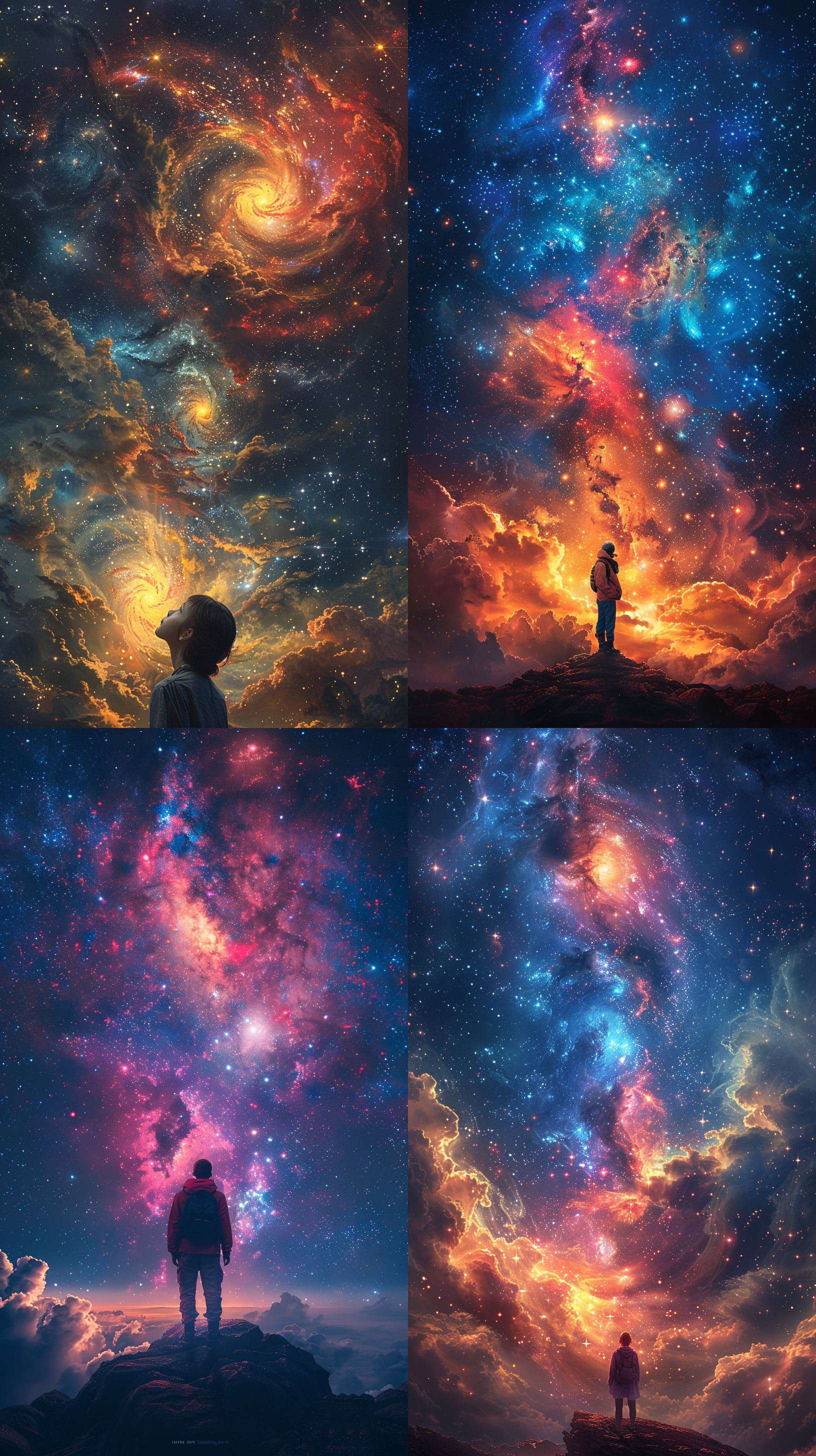 梦幻星空的旅行者，仰望绚烂银河，鲜艳梦幻艺术背景，时间流逝主题，宁静广阔风景，受reuben tam启发，智慧之爱，星云旋涡，凝视夕阳，emma andijewska风格，魔幻梦境，instagram风格，漫游者，星空璀璨，高饱和色彩，广角镜头，柔和侧光，慢快门，宇宙连接，梦幻艺术，银河，鲜艳，时间流逝，连接性，宁静广阔，reuben tam启发，智慧之爱，星云旋涡，夕阳，emma andijewska，魔幻梦境，instagram，漫游者，星空璀璨。