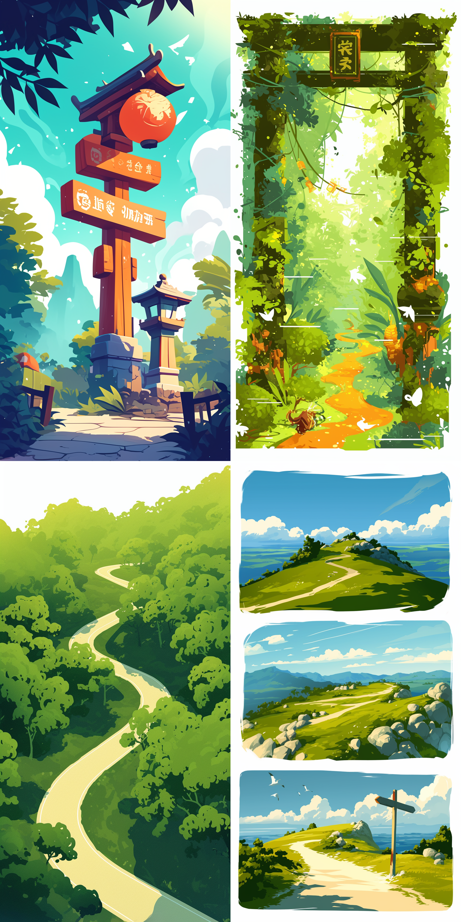 十字路口，贴纸风格，微缩景观，矢量插画，中国风，绿色，写意，白色边框，留白 超扁平 游戏素材 图标集设计