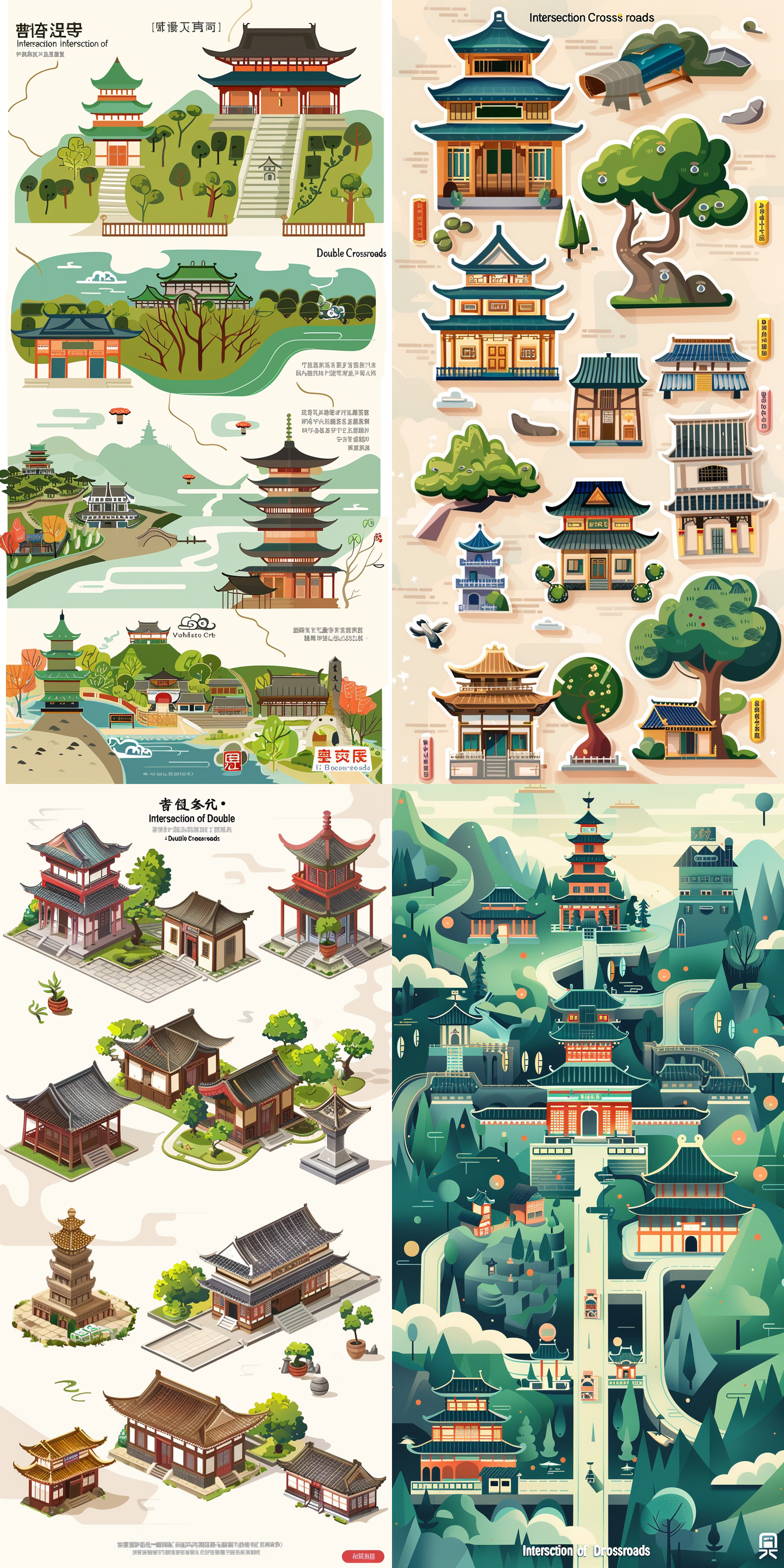 （双十字路口），贴纸风格，微缩景观，矢量插画，中国风，古代建筑，城市，绿色，写意，白色边框，留白，2.5d 超扁平 游戏素材 图标集设计