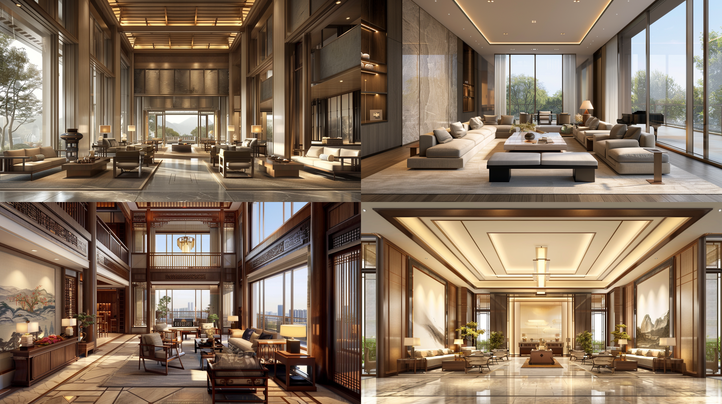 室内设计效果图，新中式风格，开放式空间，中性色调，全景视角，广角镜头，柔和自然光，细节丰富，舒适，和谐。