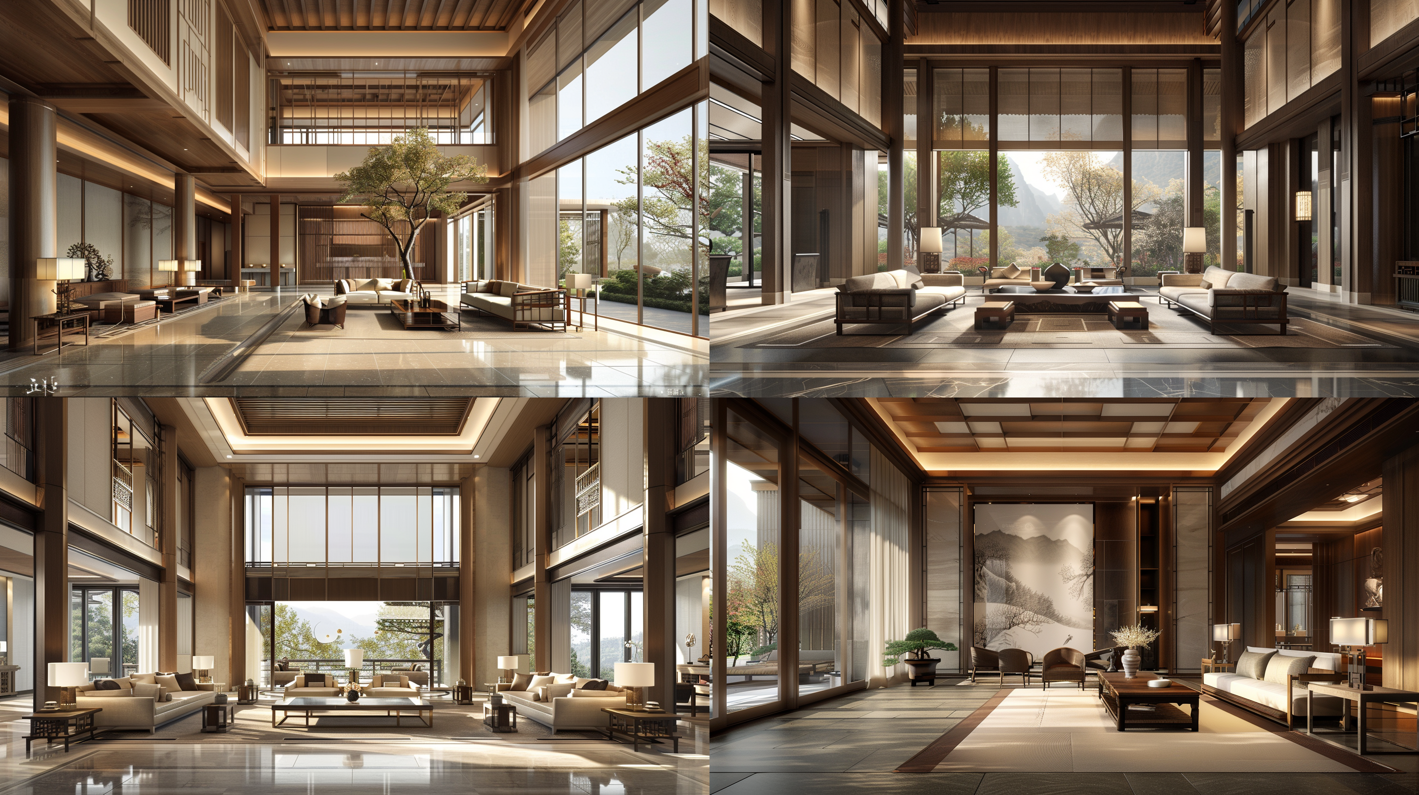 室内设计效果图，新中式风格，开放式空间，中性色调，全景视角，广角镜头，柔和自然光，细节丰富，舒适，和谐。