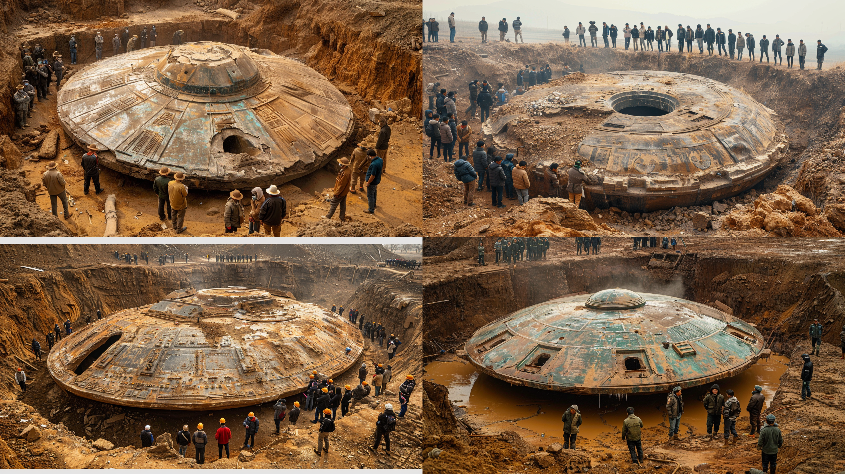 三星堆挖掘现场，外星飞碟出土，人群围观，中心构图，高清晰度，考古遗址，冷暖色调对比，广角镜头，自然光，慢快门，好奇，神秘。