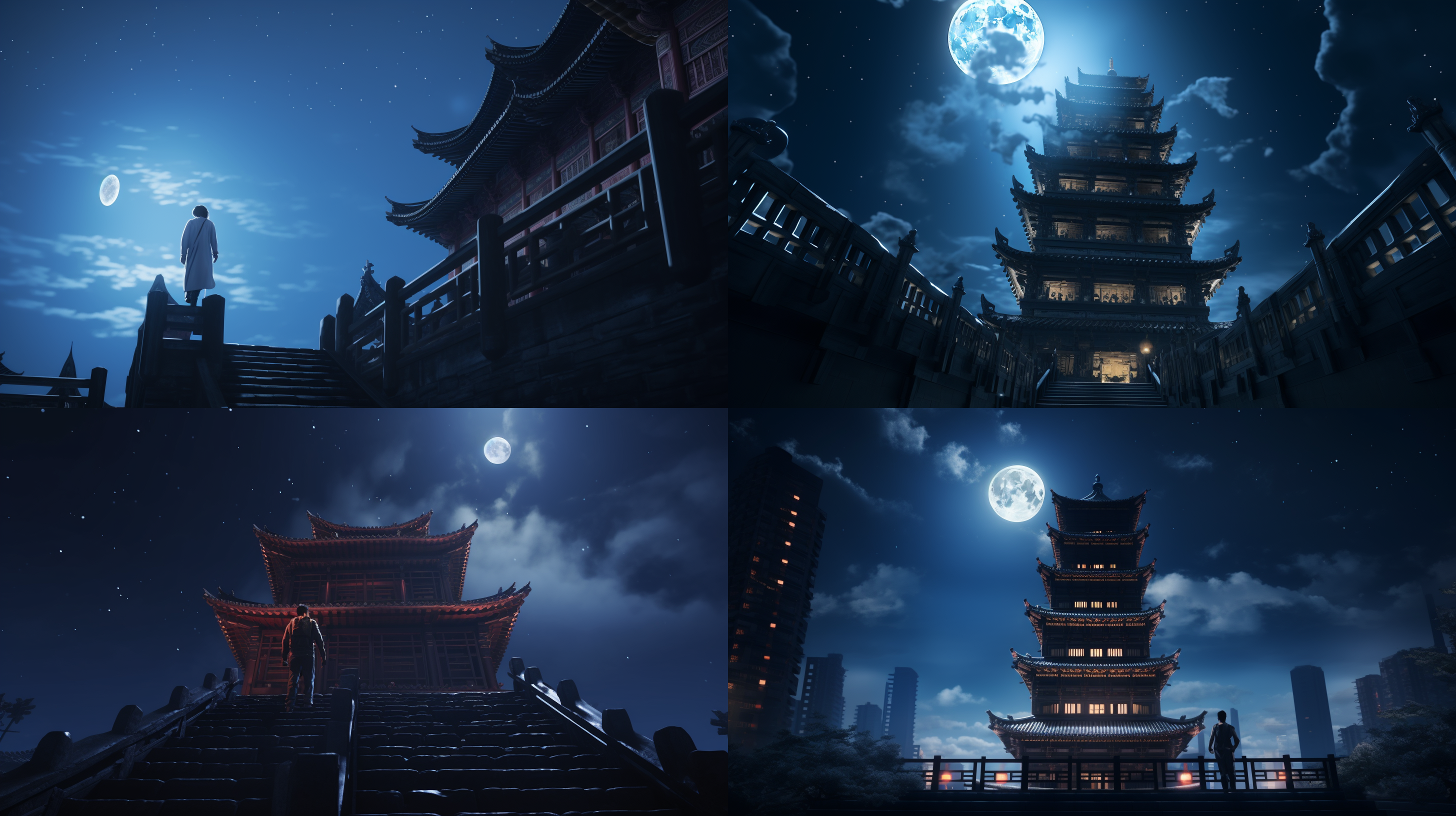 中国古代孤独的人慢慢走上高楼，古代建筑，夜晚，月亮，孤独氛围，3d建模，8k高清，广角镜头，长焦距，武侠风格，动态动作，细节丰富，清晰对焦，动作连贯，色彩饱和，天空背景，神秘氛围，柔和光线。