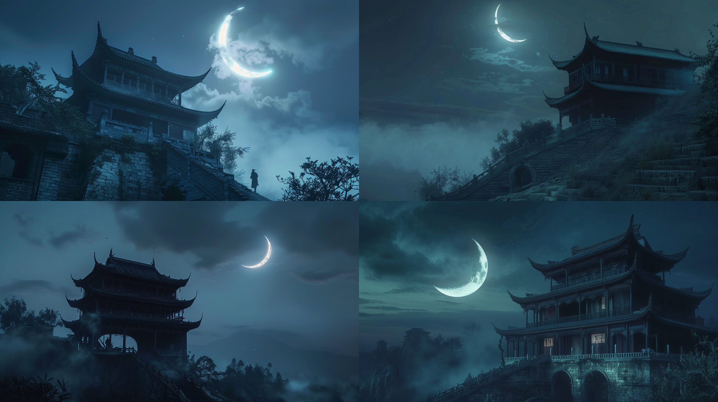中国古代孤独的人慢慢走上高楼，古代建筑，夜晚，弯弯月，孤独氛围，3d建模，8k高清，广角镜头，长焦距，武侠风格，动态动作，细节丰富，清晰对焦，动作连贯，色彩饱和，天空背景，神秘氛围，柔和光线。