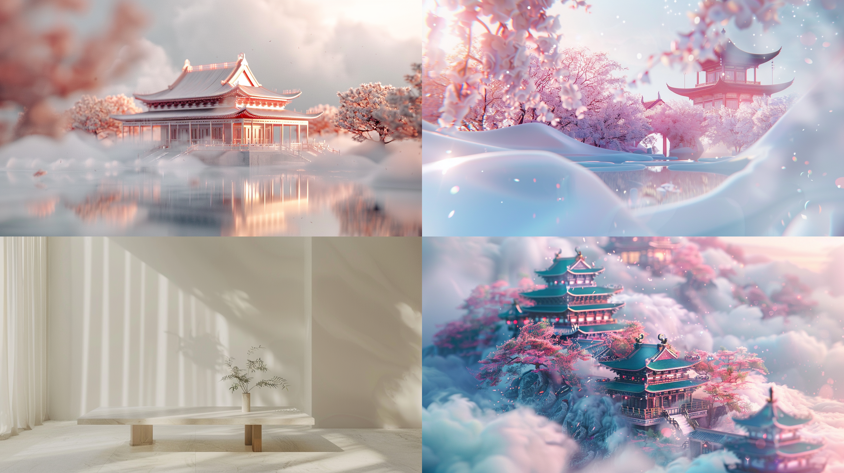 极简风格，点彩技法，3d渲染，宋式宫殿，祥云环绕，淡雅色彩，高斯模糊背景，动态模糊效果，陈家泠艺术风格，大面积留白，炫彩光影，内发光特效，静谧氛围，极简构图，柔和光线，细腻纹理，梦幻效果，宁静情感。