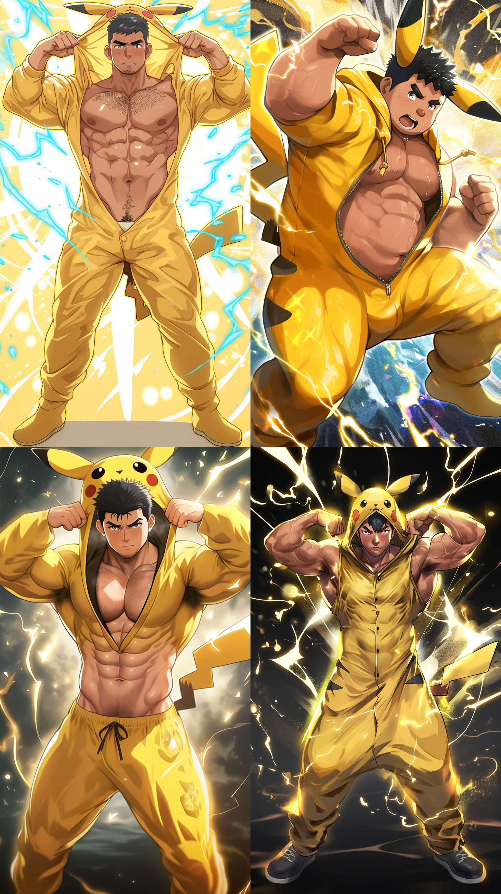 日本动漫风格，全身拍摄，胖胖的亚洲壮汉，黑色短发，二头肌和胸肌发达，肚脐，宝可梦比卡丘连体套装，气场强大，动感背景，细致人物设计，光泽，充满活力的颜色，卡通化，高对比度阴影，动漫风格，超高分辨率，超高清，8k，广角镜头，正面光，鲜艳色彩，夸张表情，动感姿势，卡通渲染，细节丰富，色彩鲜明，动感十足。