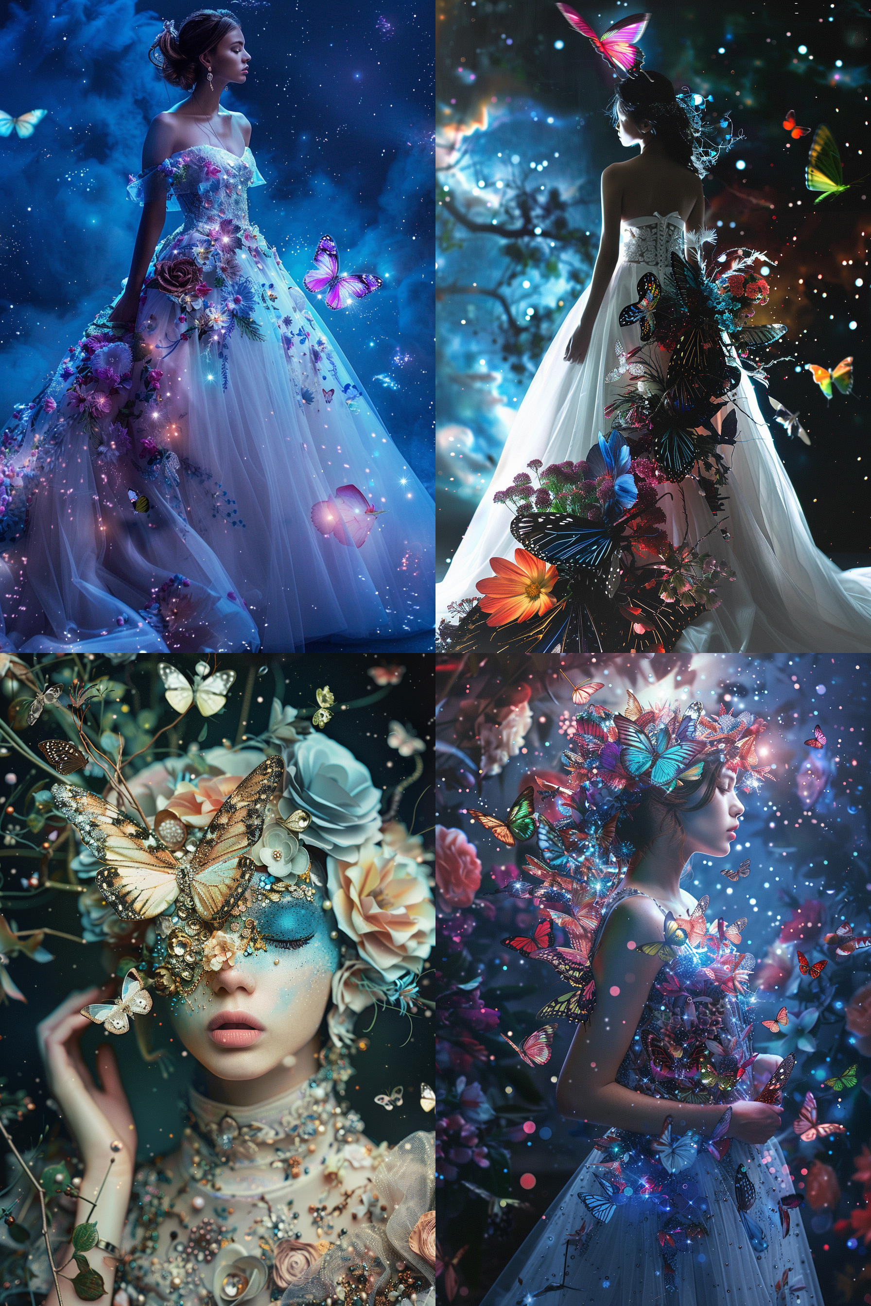 costume design: a model wearing a wedding dress has a bird butterfly flowers milky way and the universe elements, colorful,8k,ultra realistic , super high details level,,in clothes