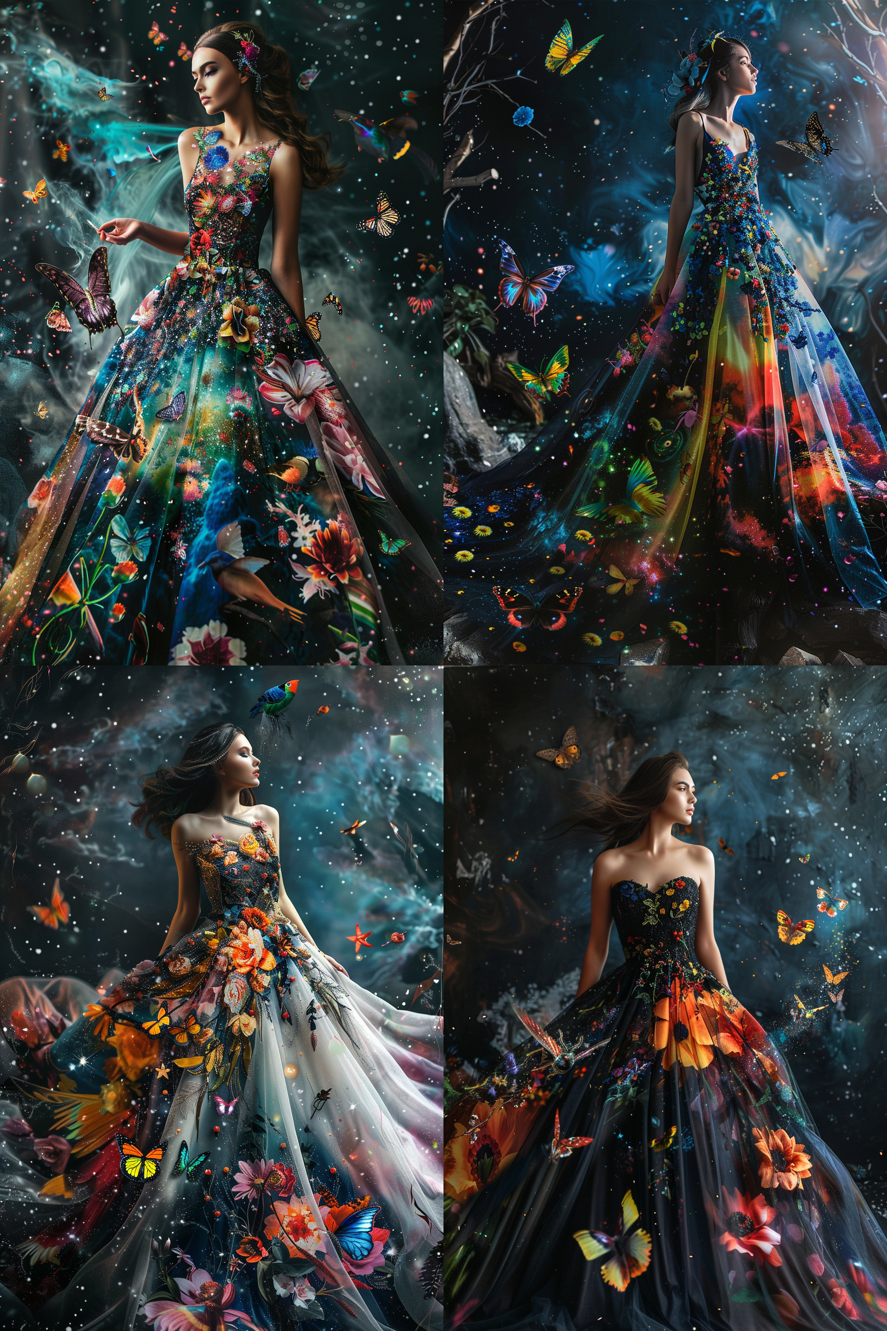 costume design: a model wearing a wedding dress has a bird butterfly flowers milky way and the universe elements, colorful,8k,ultra realistic , super high details level,,in clothes