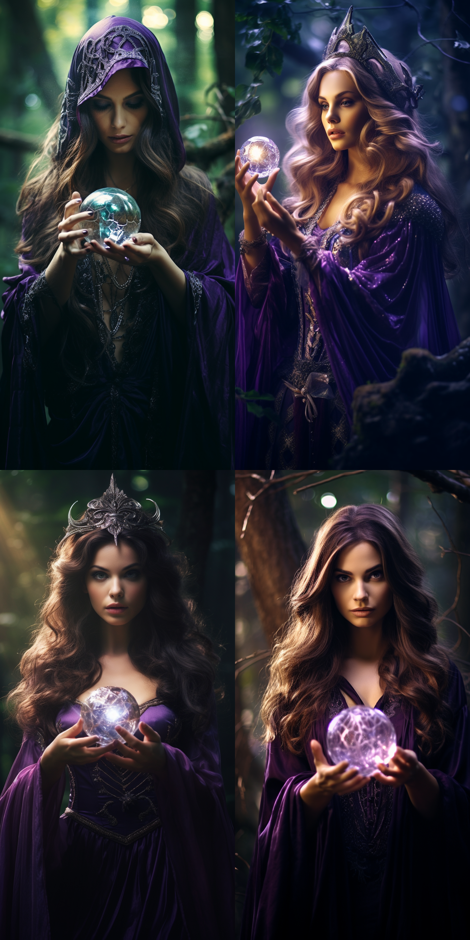 美丽女法师，紫色华丽长袍，水晶冠冕，双手挥舞魔法球，长发飘逸，专注神秘表情，神秘魔法森林背景，对角线构图，高光对比，广角镜头，自然光，动态模糊，神秘元素，紫色与绿色调，神秘与力量感。