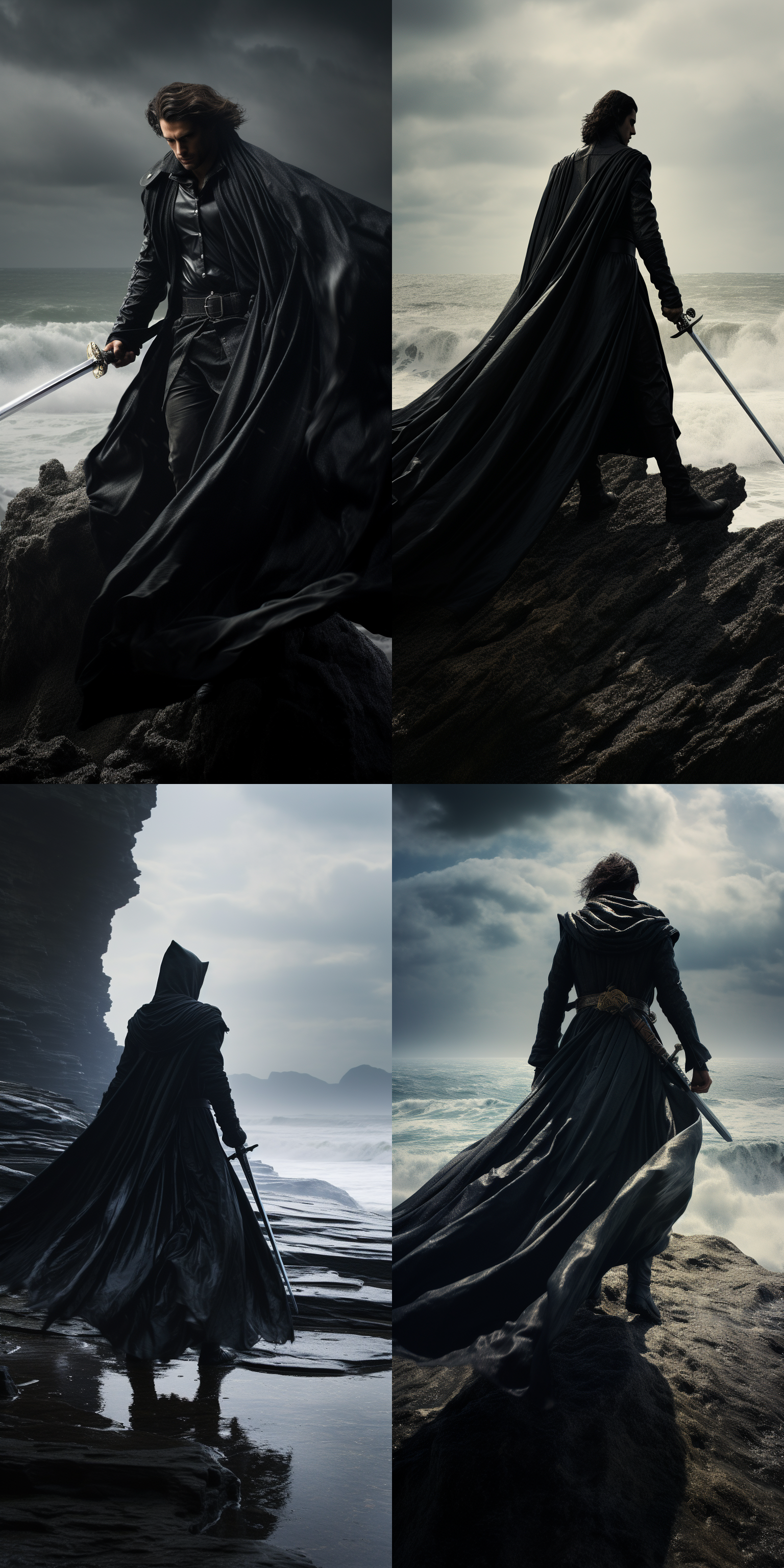 冷酷男剑士，黑色斗篷，独特造型长剑，冷峻面容，悬崖边缘，风吹斗篷，脚下汹涌海浪，广角镜头，高对比度，自然光，动态模糊，冷色调，坚定，孤独。