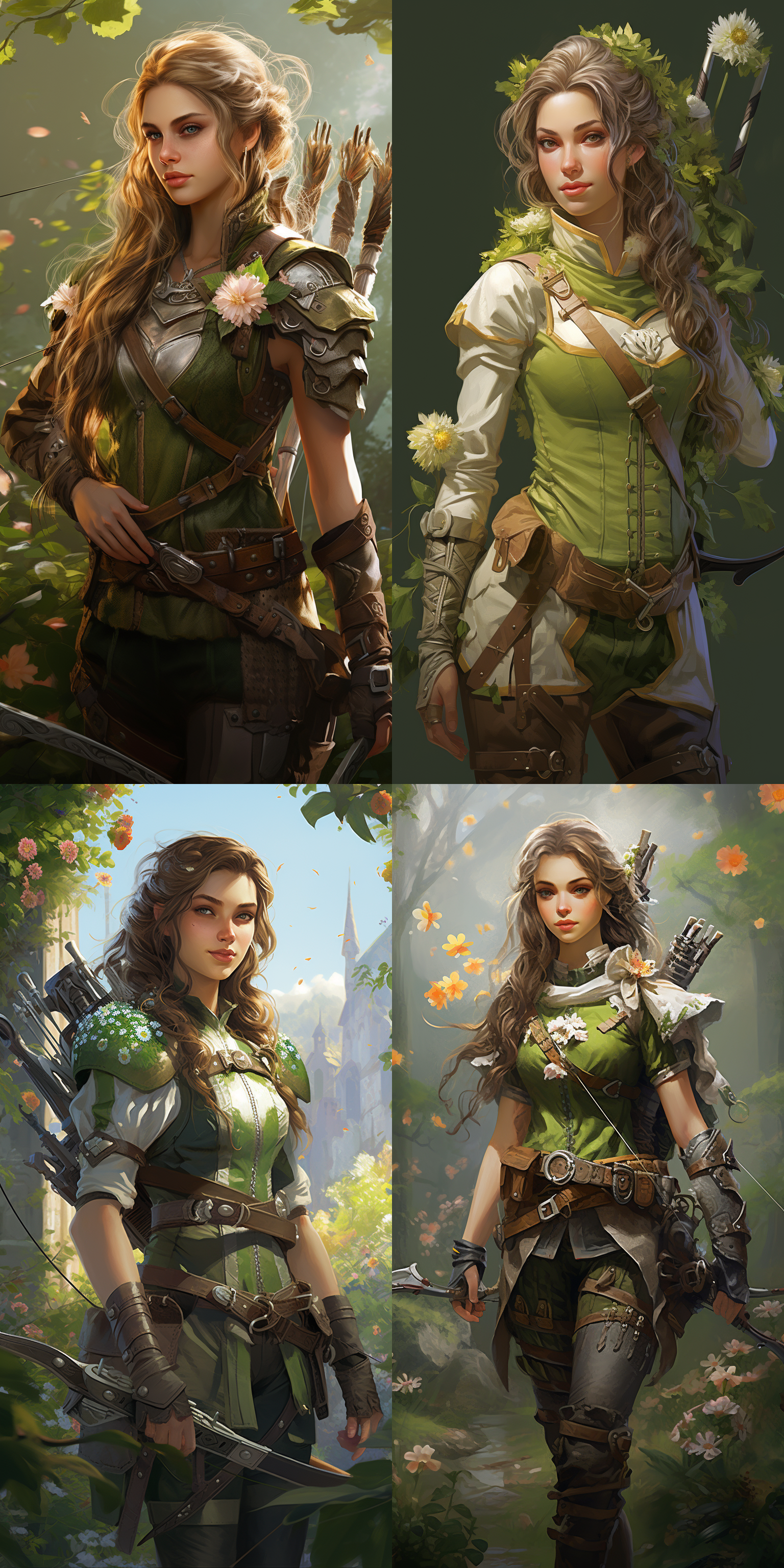 a cute female shooter, with twin ponytails, wearing light green leather armor, holding a delicate bow and arrow, carrying a quiver on her back, with a sweet smile, standing in the flowers, ready to shoot the target.